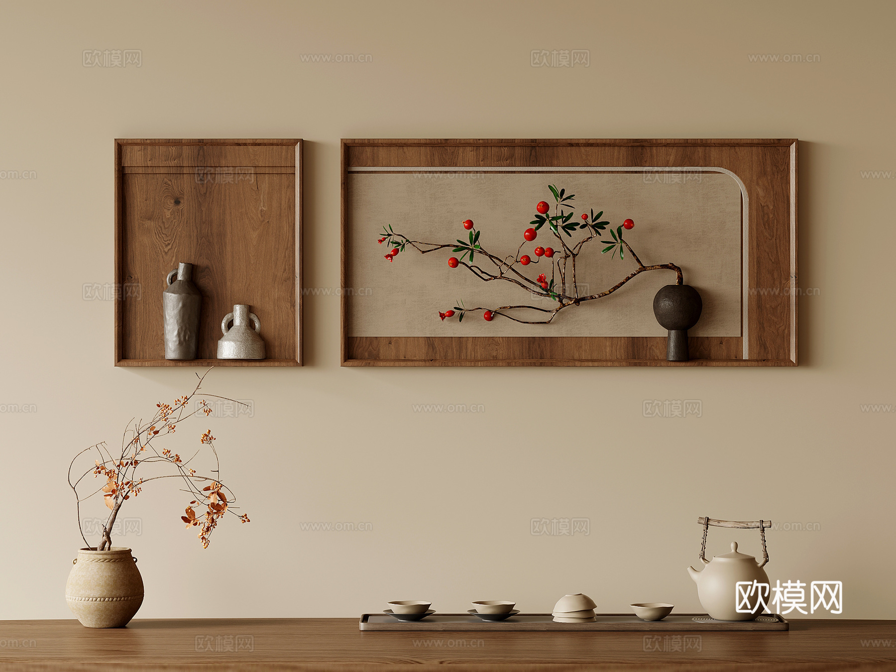 挂画 中古风装饰挂画 墙饰挂饰 干枝花瓶3d模型
