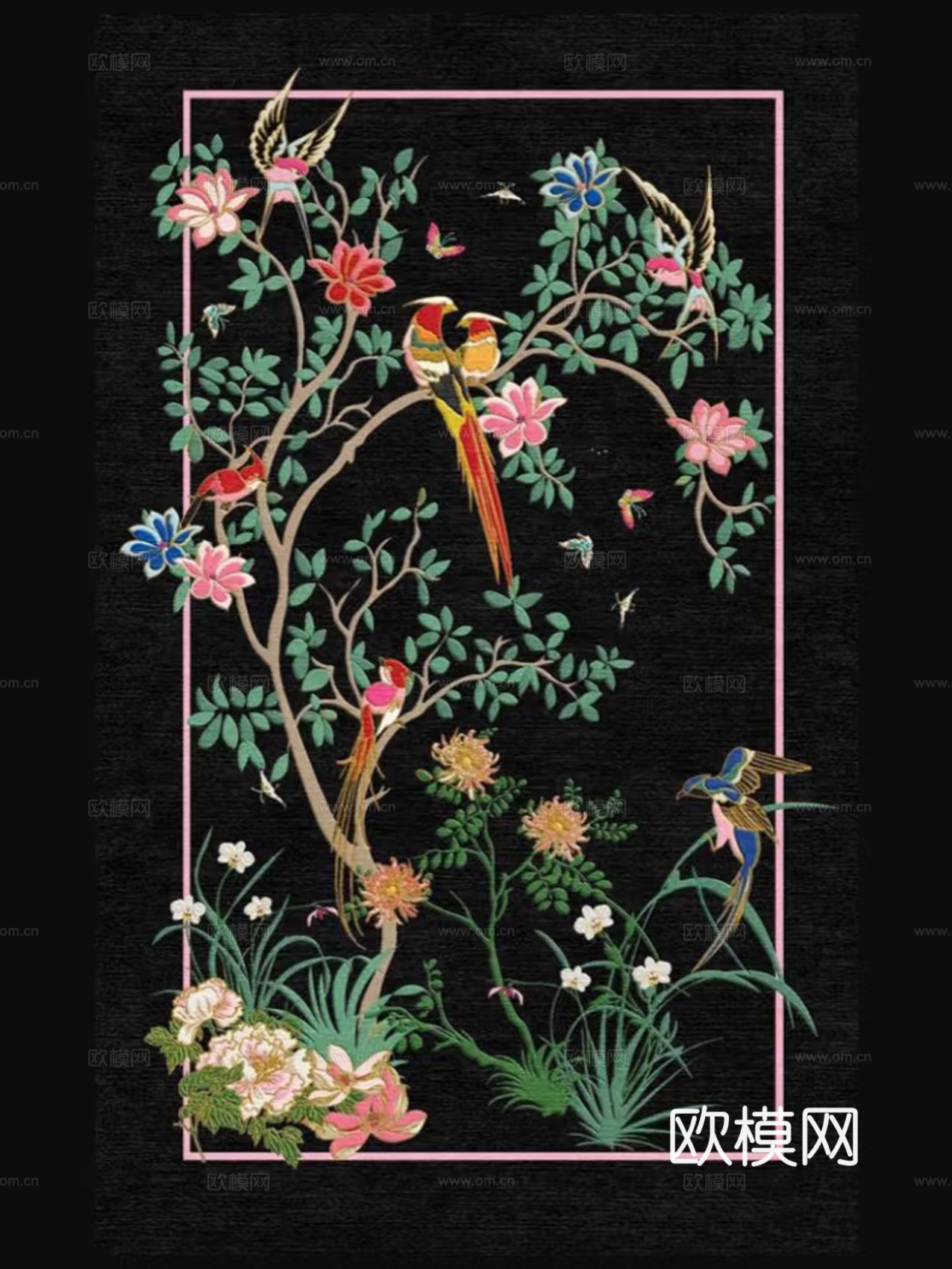 新中式法式黑色花鸟地毯