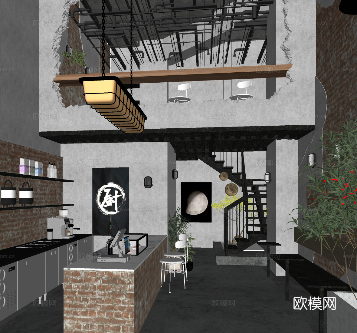 工业烧烤烤肉店 前台操作台 破损前台 战损风火锅店 工火锅店su模型