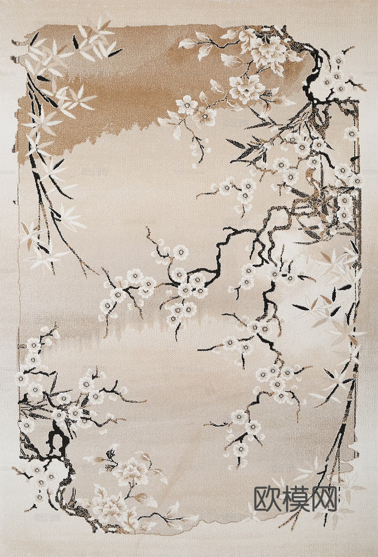 新中式暖灰梅花毛绒地毯