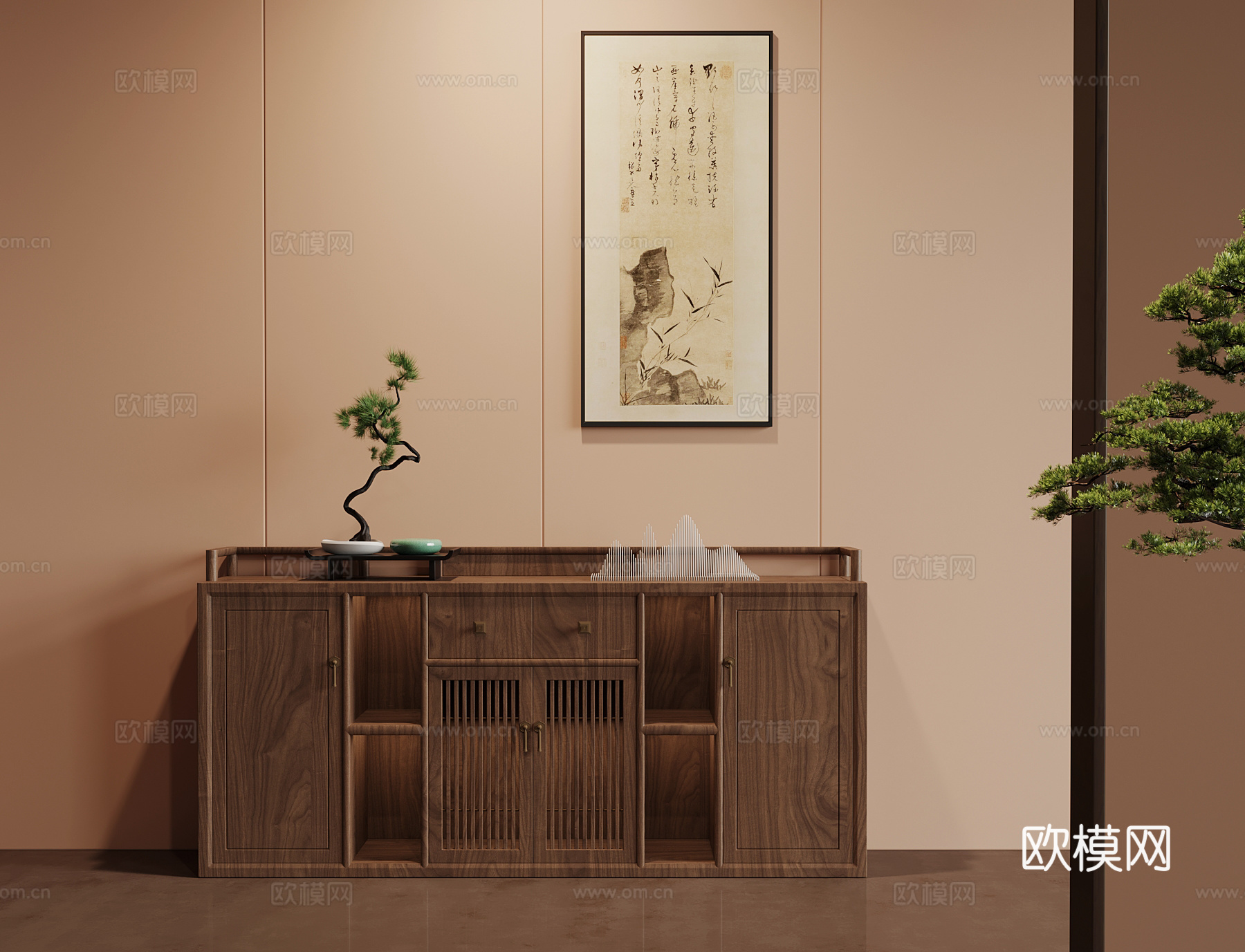 新中式茶柜 茶水柜 装饰画 摆件su模型