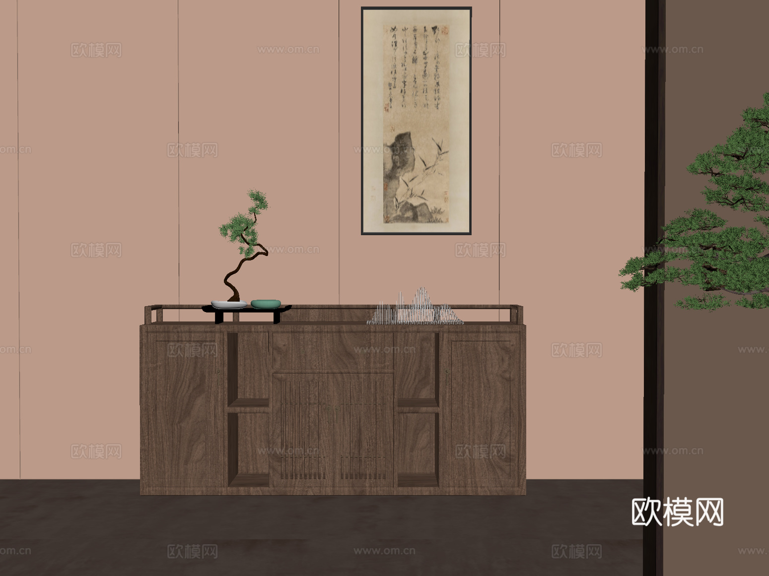 新中式茶柜 茶水柜 装饰画 摆件su模型