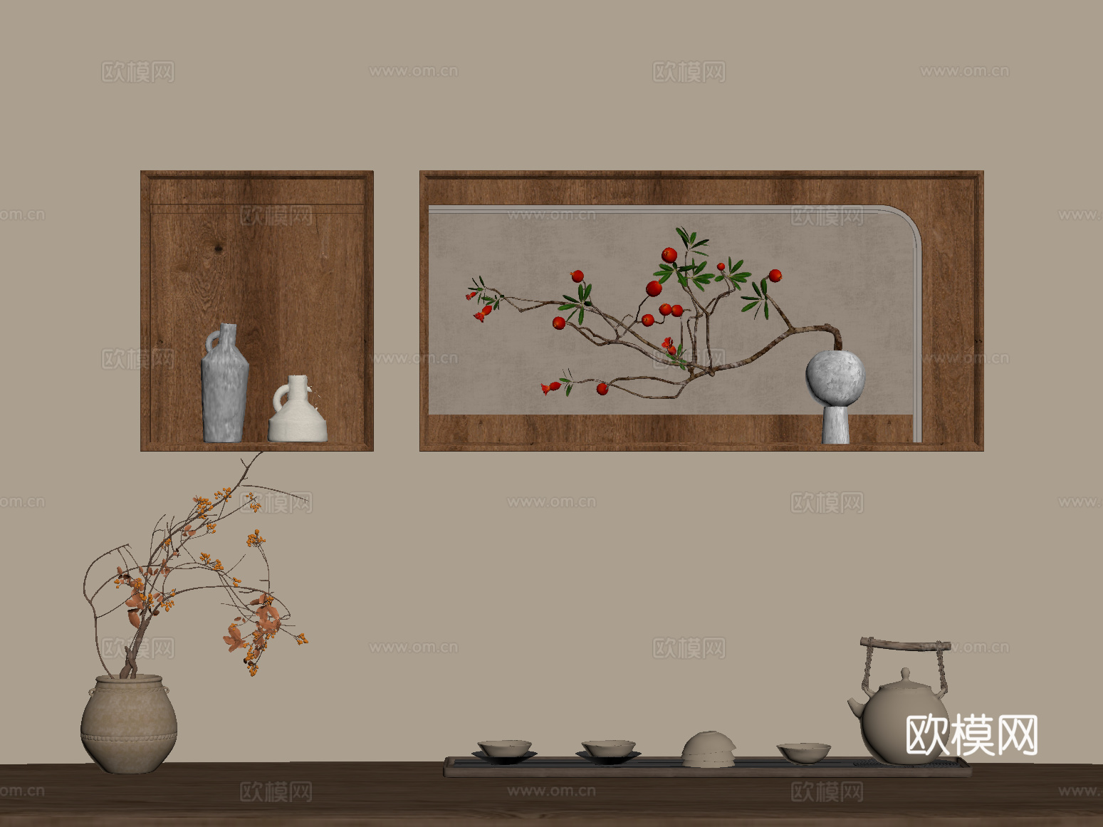 挂画 中古风装饰挂画 墙饰挂饰 干枝花瓶su模型