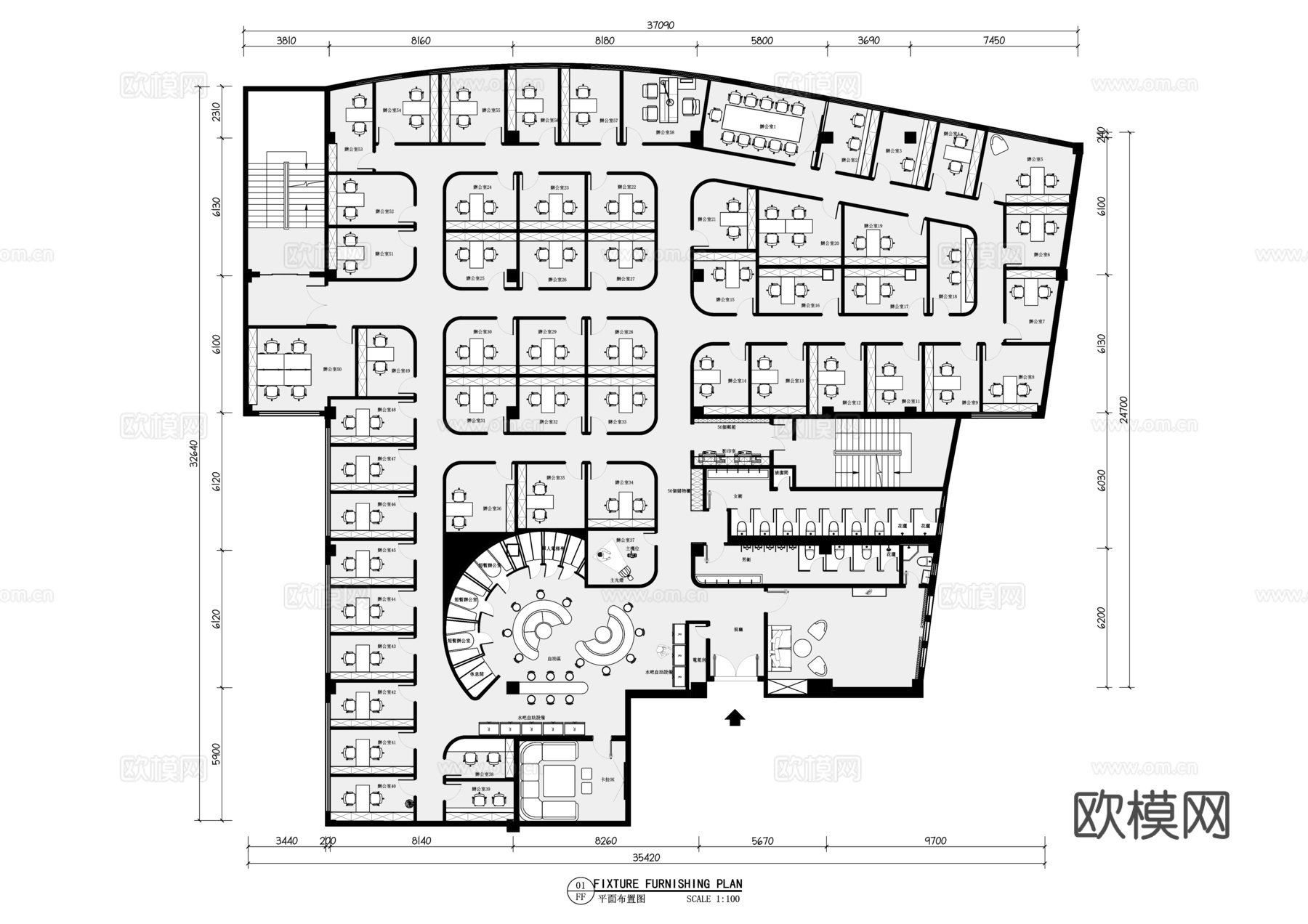 800平米共享办公室平面布置图cad施工图