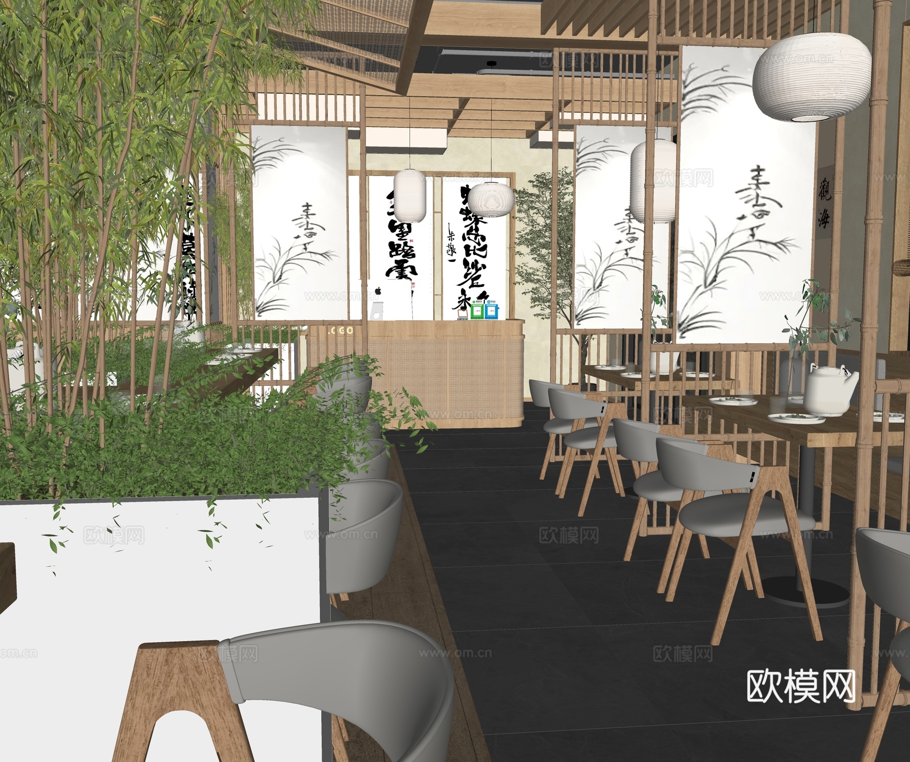 现代原木风中餐厅 餐桌椅组合 吊灯su模型