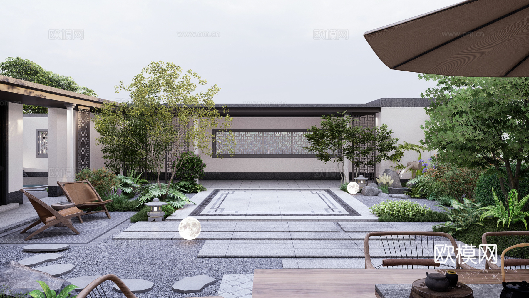 新中式花园，中式花园，苏式花园，圆形泳池，廊架su模型