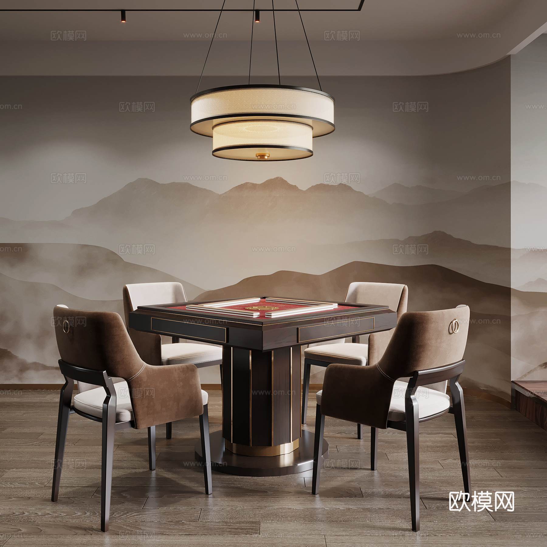 新中式棋牌室 麻将桌 吊灯3d模型