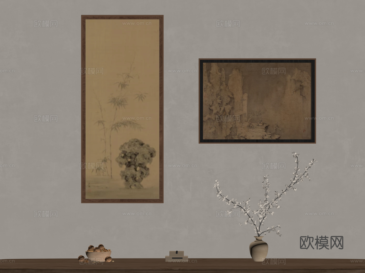 新中式挂画 装饰画 花瓶摆件su模型