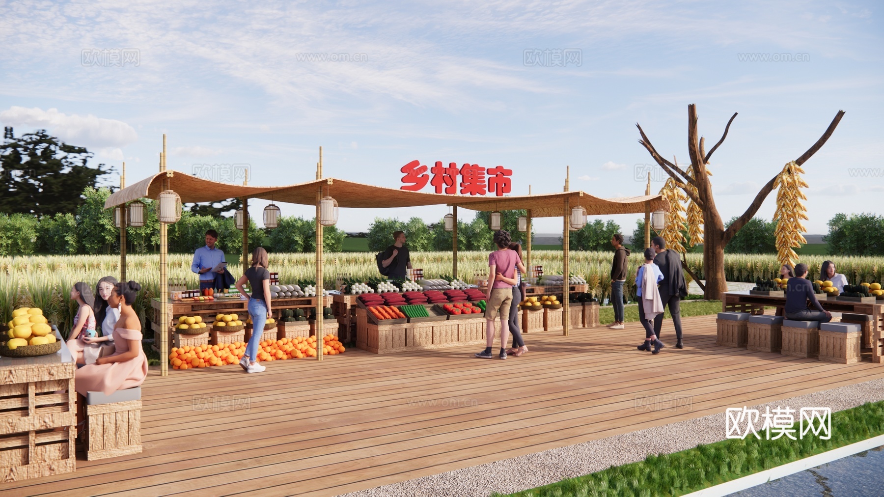 现代乡村商业街集市 农产品交易点 乡村摊位 乡村农产品交易中su模型