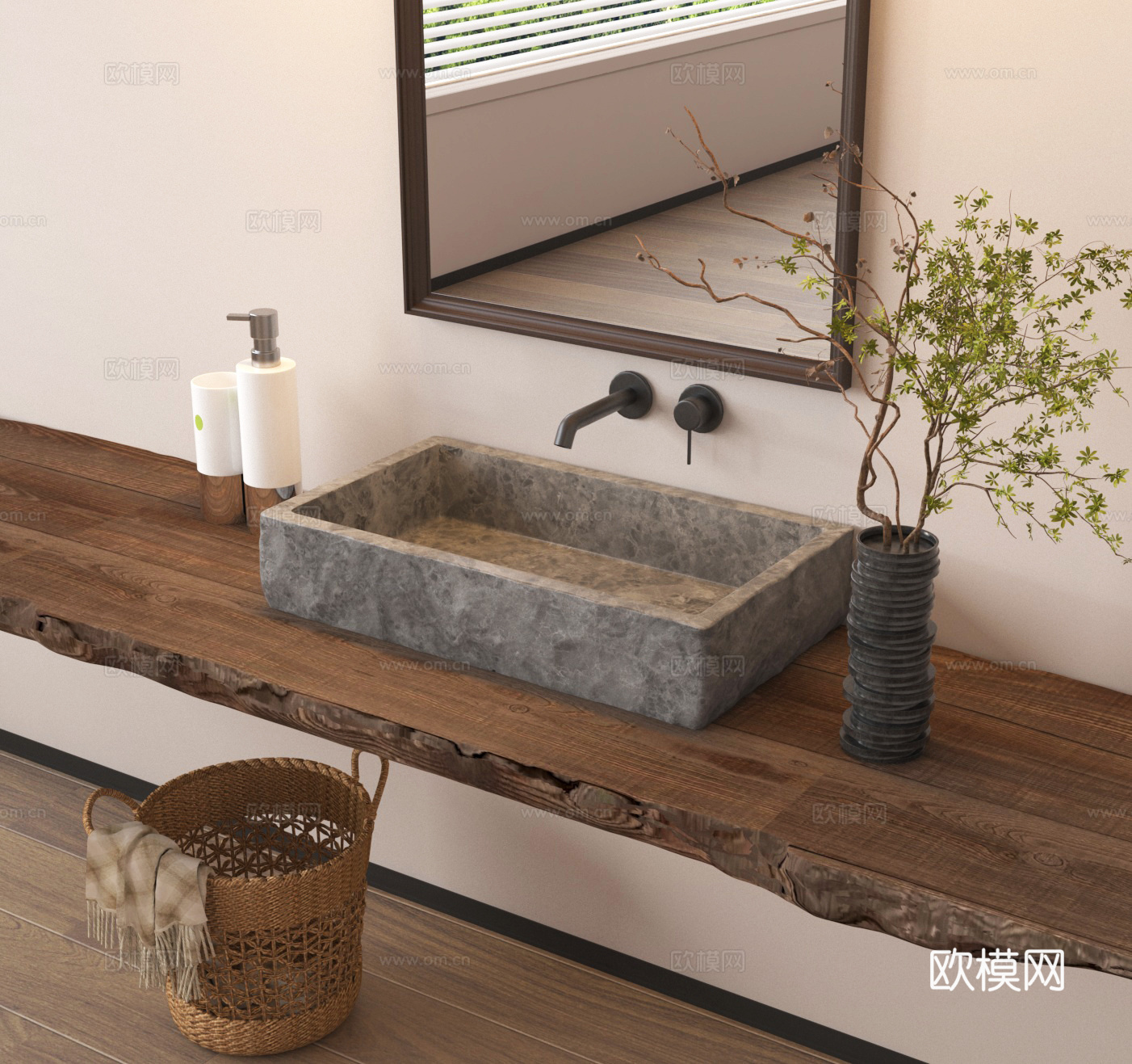 台盆 洗手台 浴室洗漱台 干枝花艺 花艺花瓶3d模型