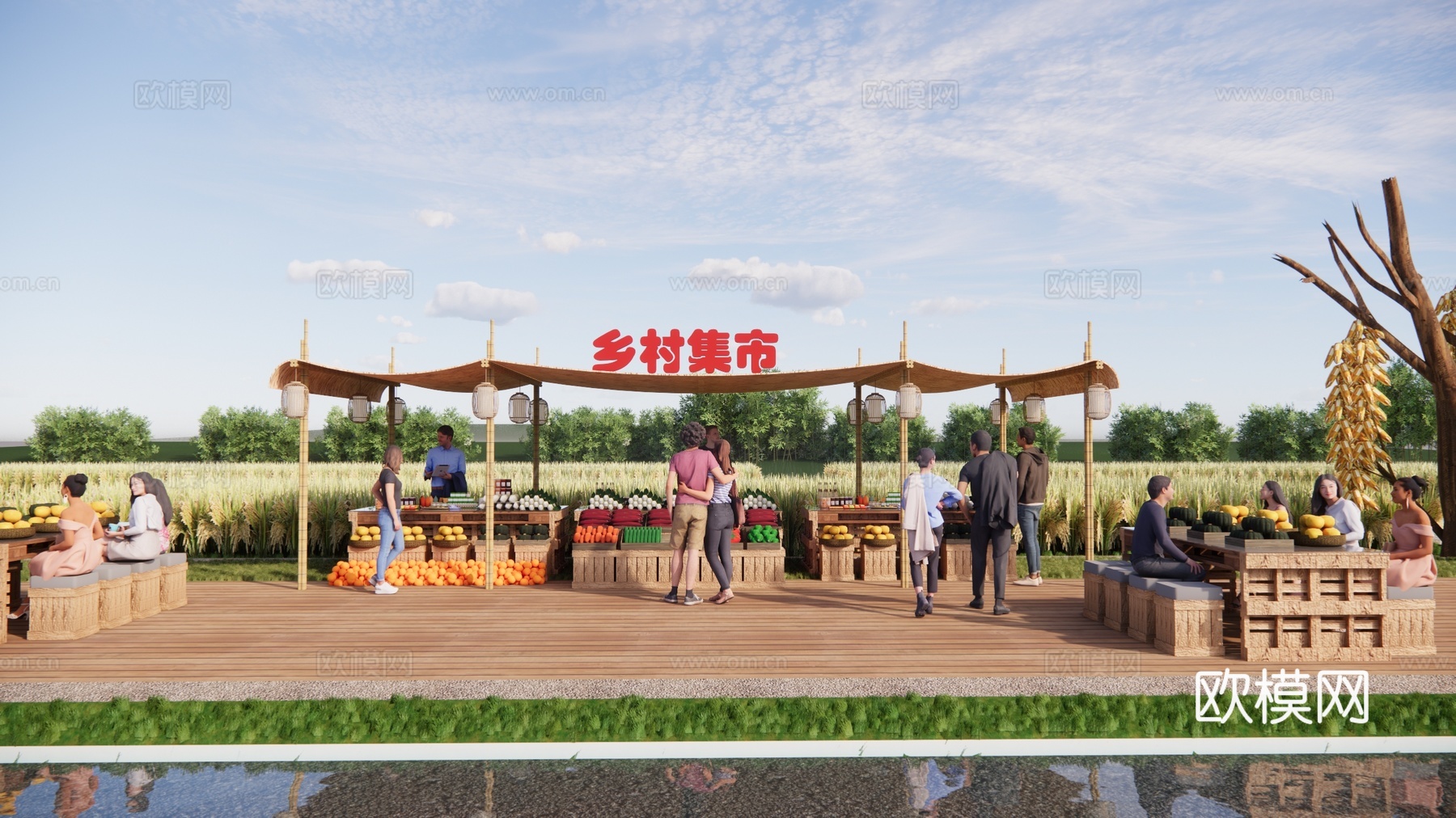 现代乡村商业街集市 农产品交易点 乡村摊位 乡村农产品交易中3d模型