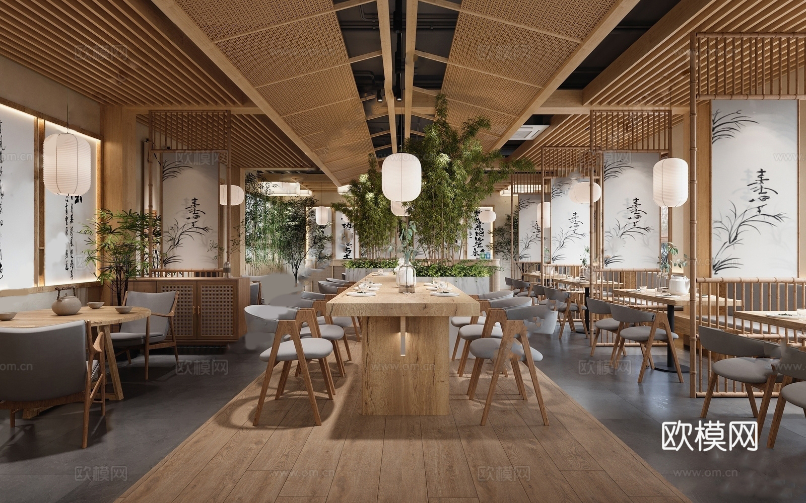 现代原木风中餐厅 餐桌椅组合 吊灯su模型