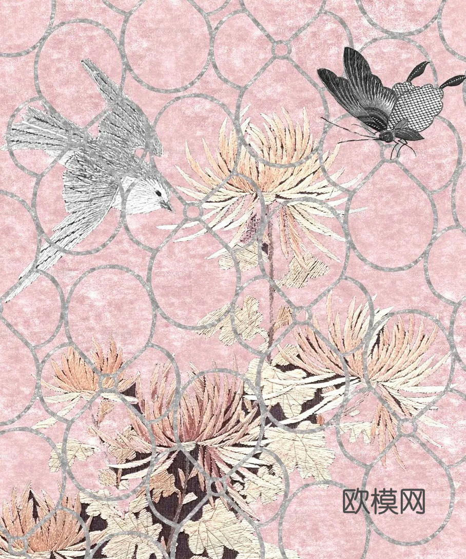 新中式法式粉色花鸟地毯