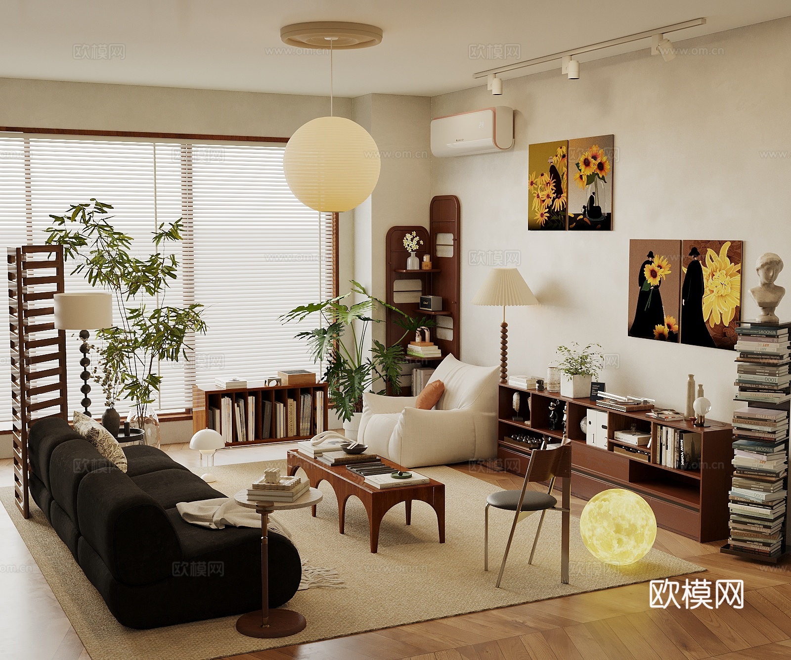 侘寂中古风客厅 沙发茶几组合 装饰柜 书架 休闲椅 挂画3d模型