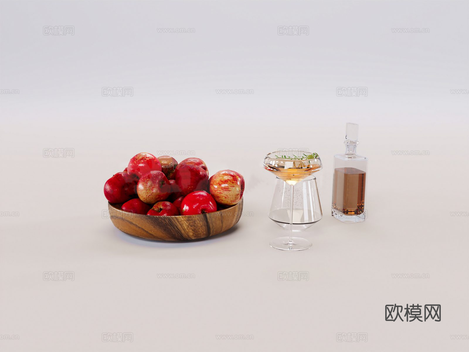 现代桌面摆件 苹果 酒杯 酒瓶 威士忌3d模型