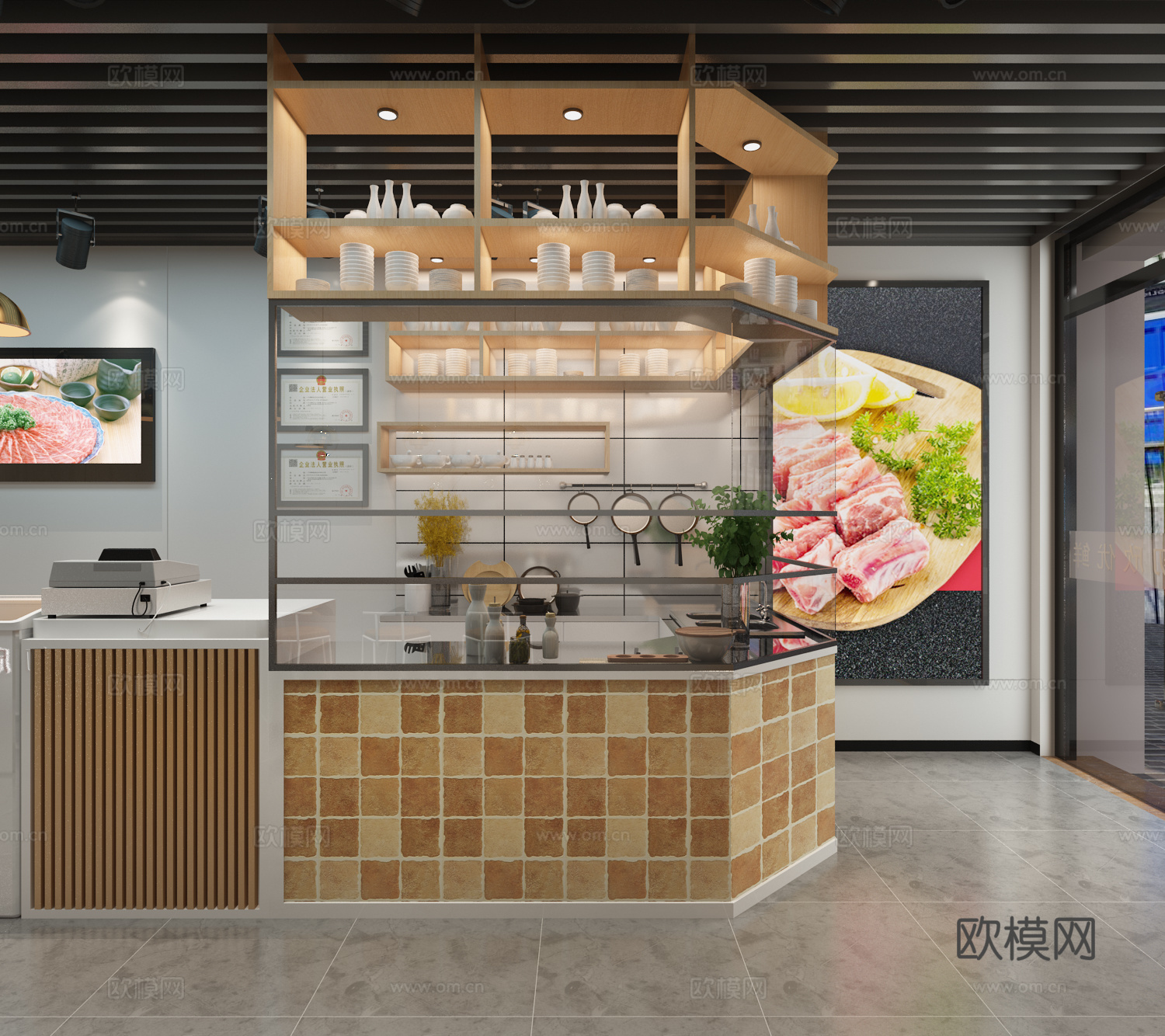 现代生鲜超市生鲜超市门头收银台操作台冰箱冰柜北欧吧台北欧3d模型