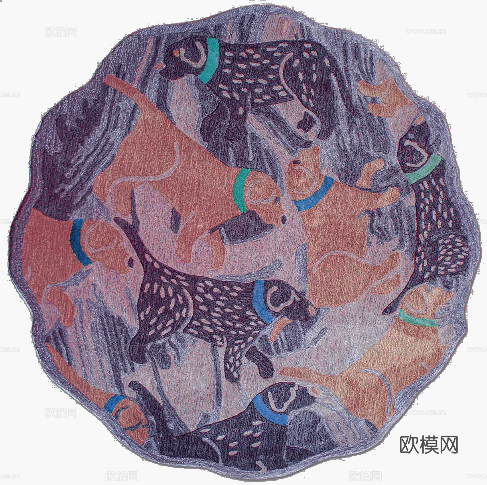 新中式中古圆形花色小狗地毯