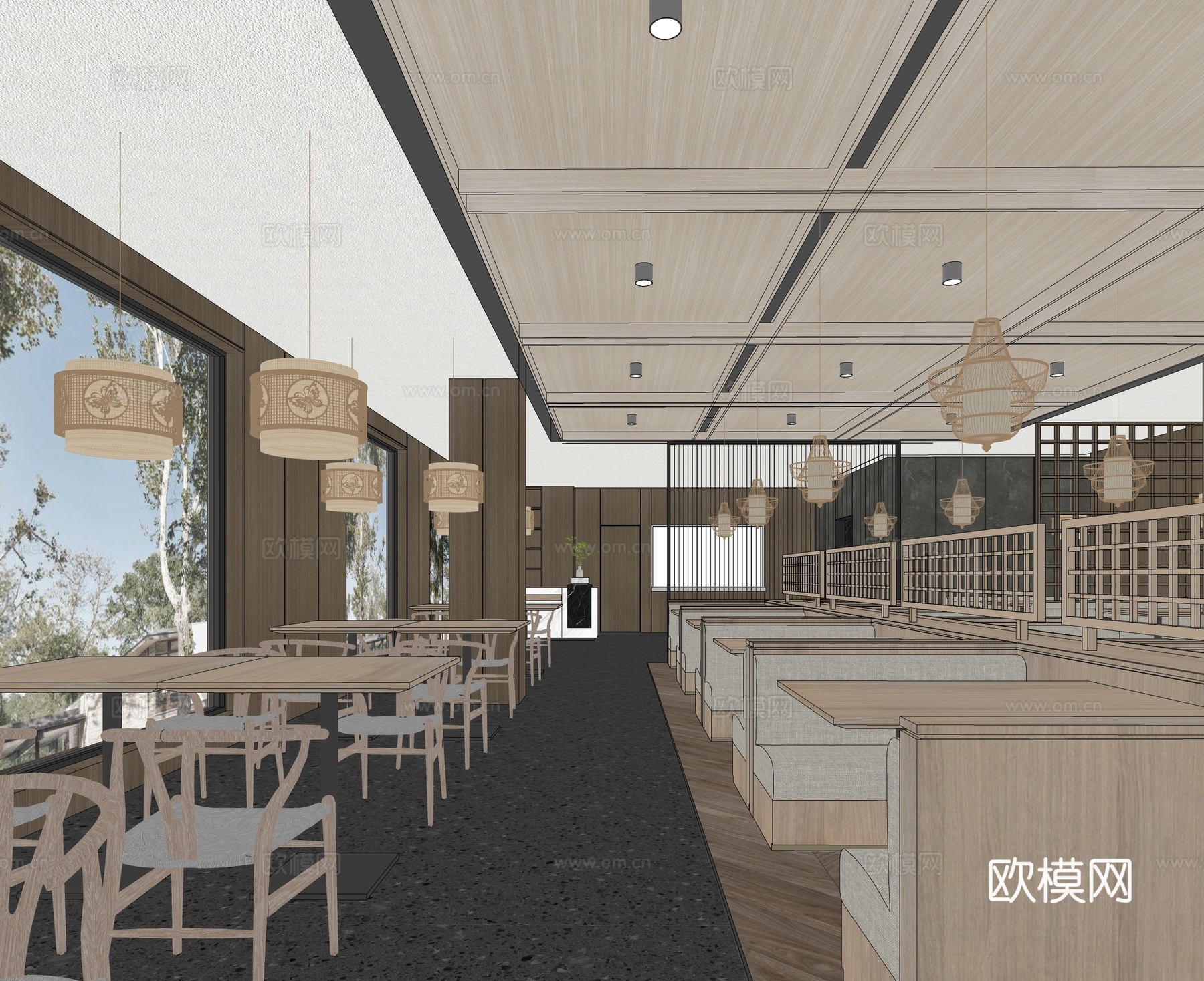 新中式中餐厅  餐饮空间 餐厅家具su模型