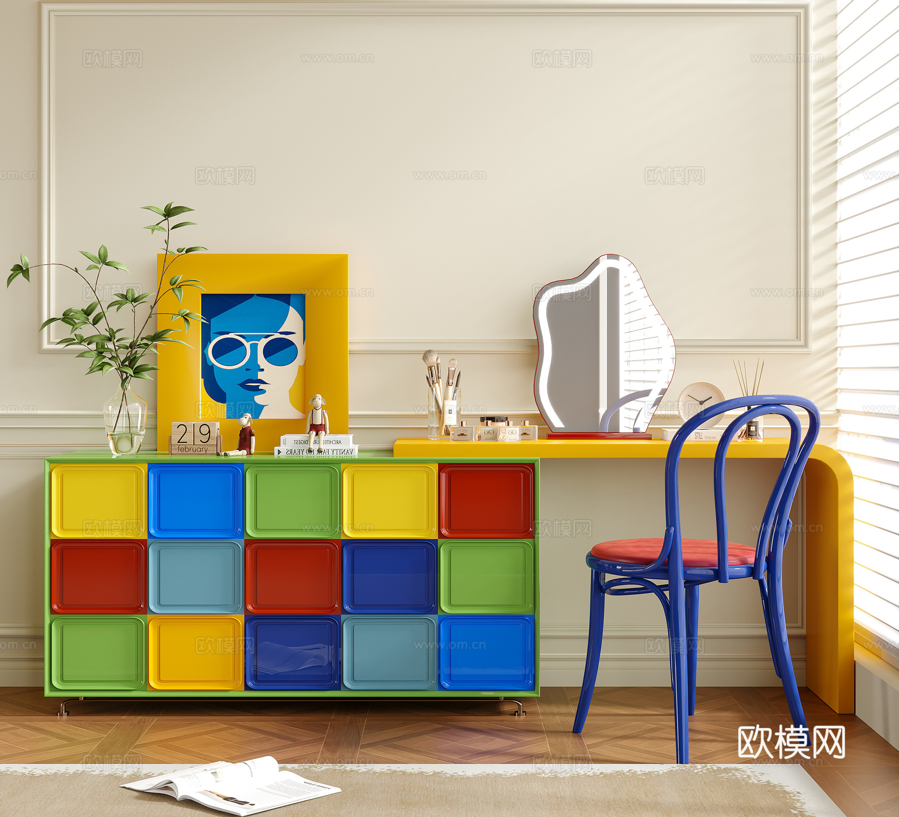 现代包豪斯梳妆台 装饰柜 书桌椅 多巴胺3d模型