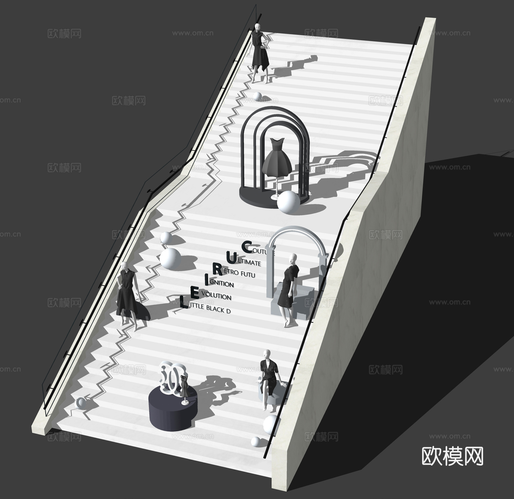 婚礼台阶景观 情人商业街楼梯 婚庆高差台地梯步 下沉台阶夜光su模型