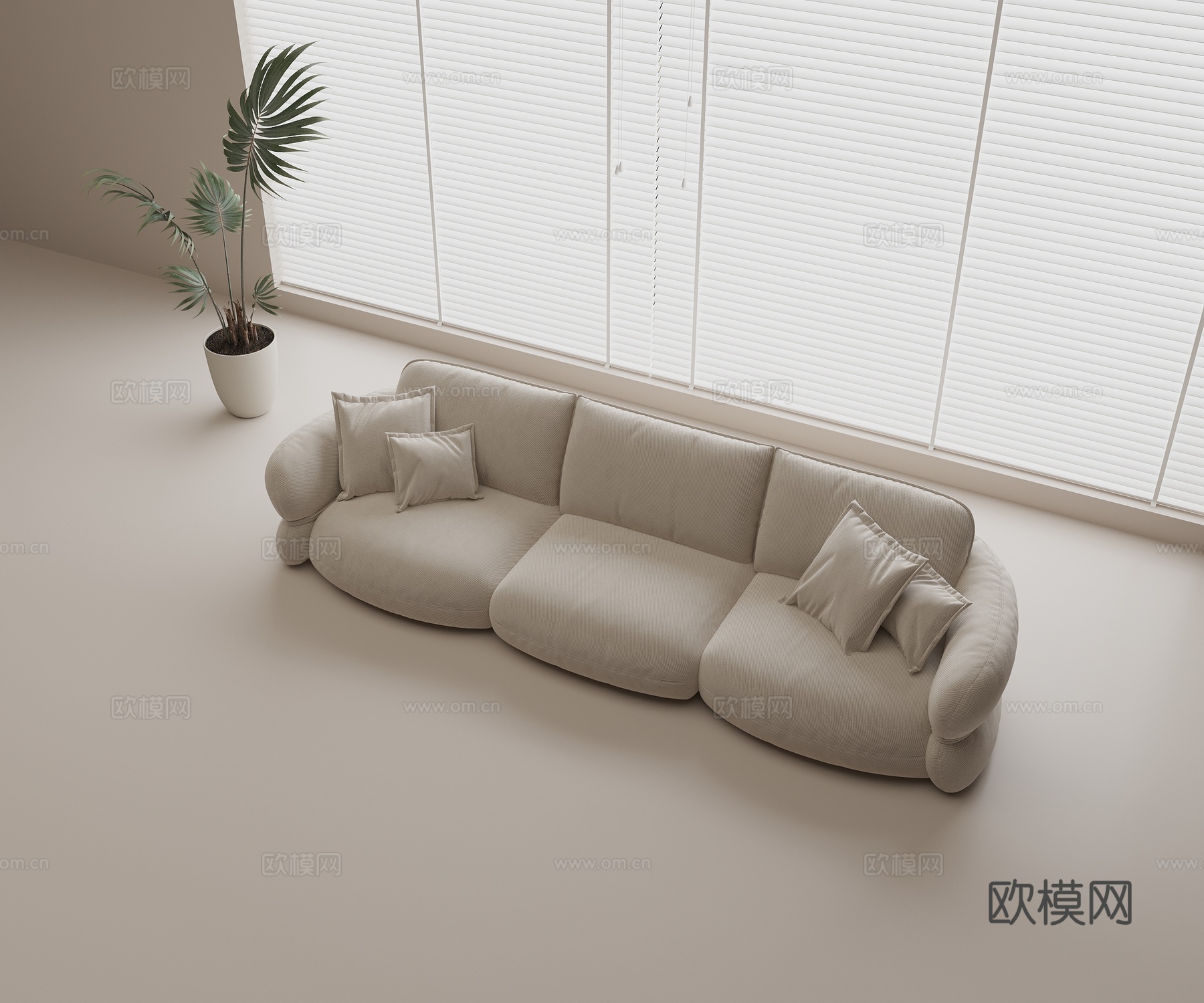 三人沙发组合 布艺沙发组合 奶油风沙发组合 抱枕 花盆绿植3d模型