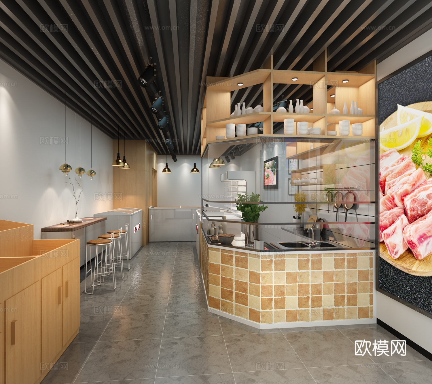 现代生鲜超市生鲜超市门头收银台操作台冰箱冰柜北欧吧台北欧3d模型