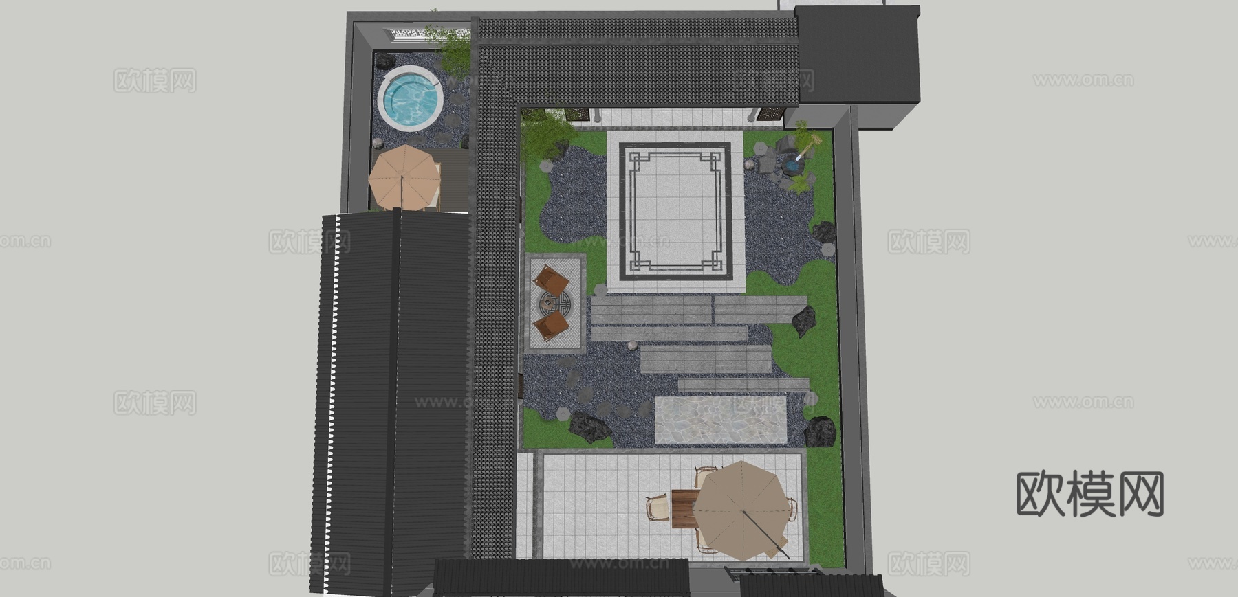 新中式花园，中式花园，苏式花园，圆形泳池，廊架su模型