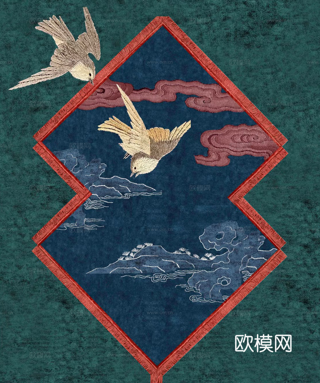 新中式中式蓝绿花鸟地毯