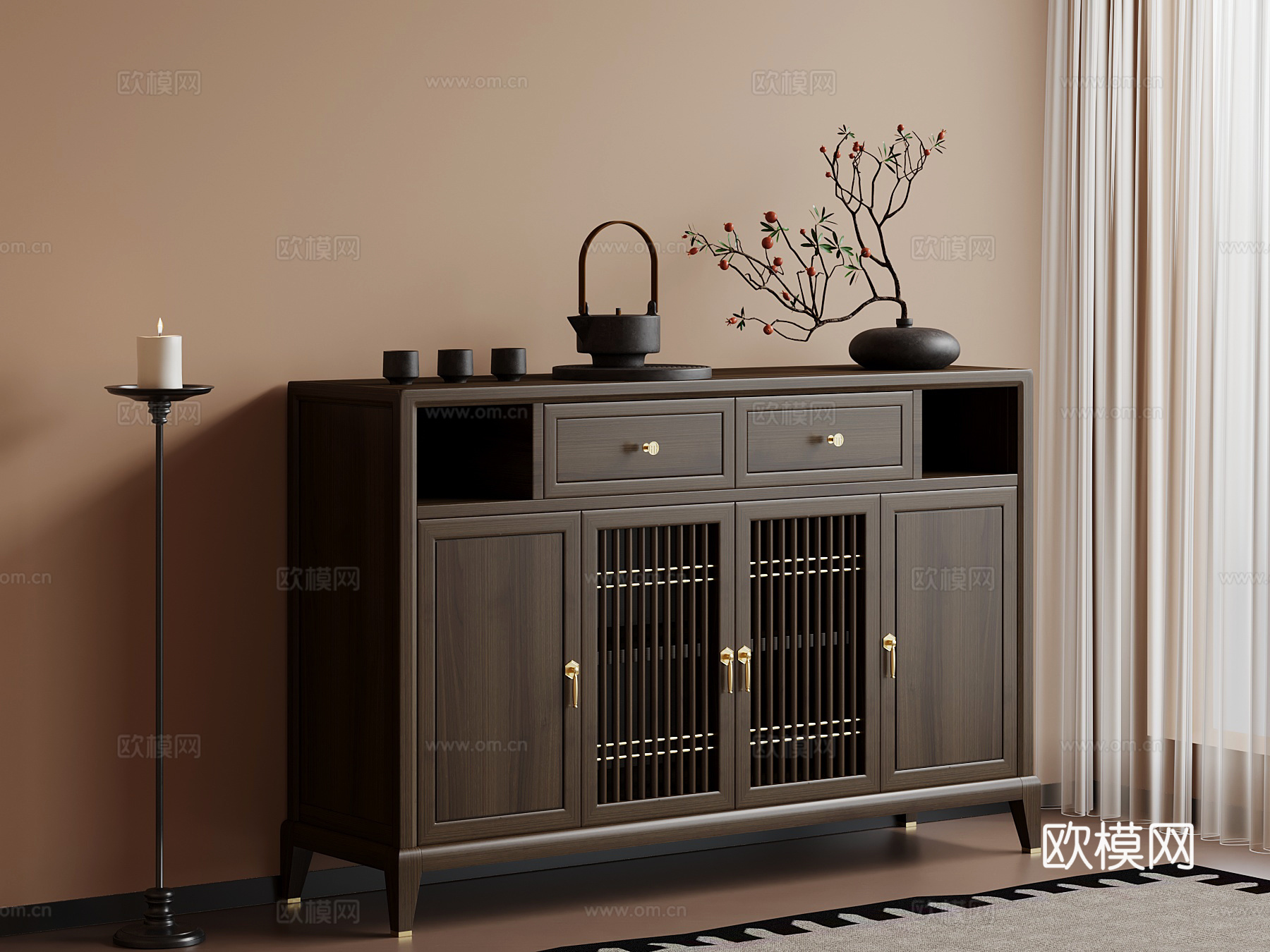 新中式餐边柜 茶具 茶壶 花瓶摆件3d模型