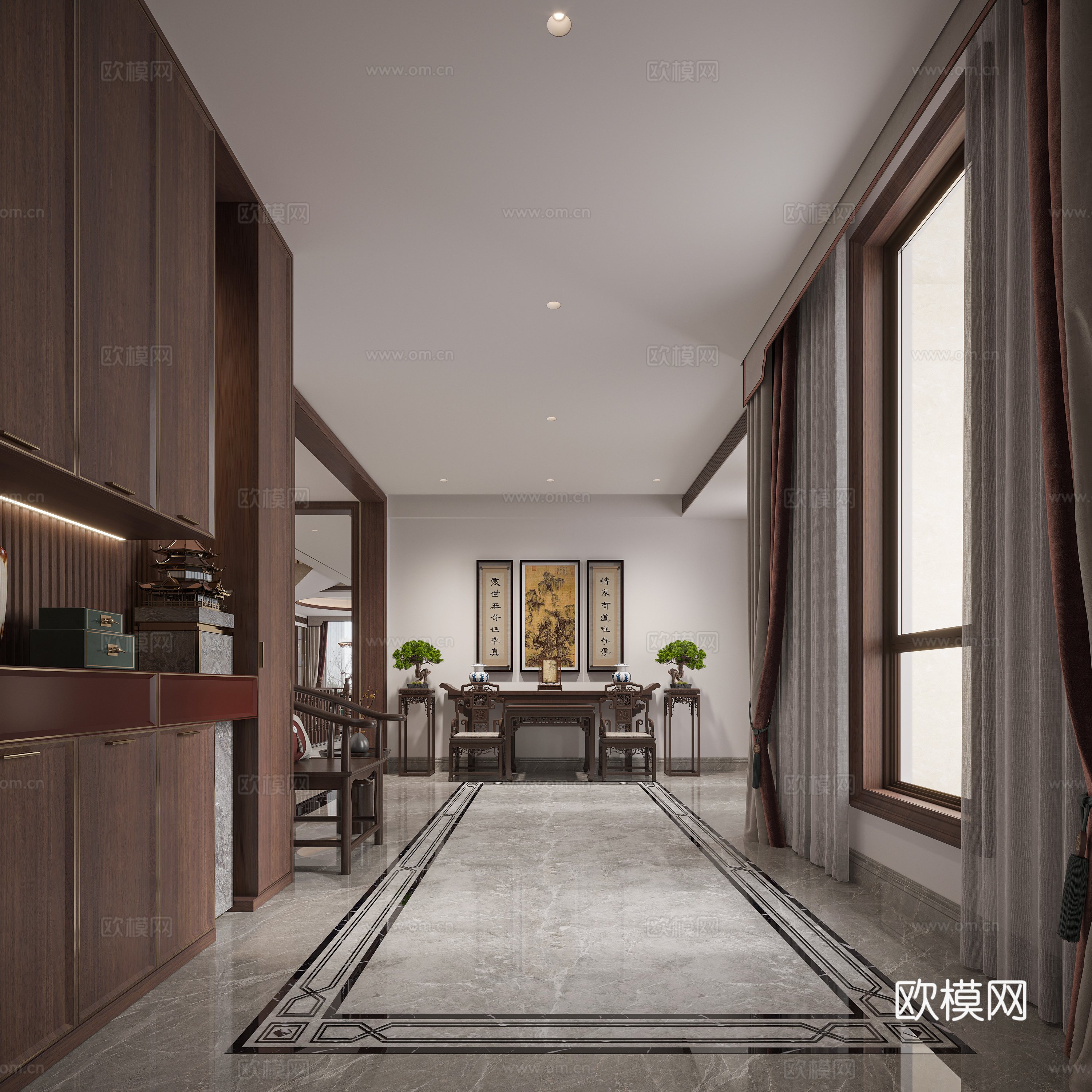 新中式玄关新中式过道新中式门厅中式玄关中式门厅石材拼花玄关柜3d模型