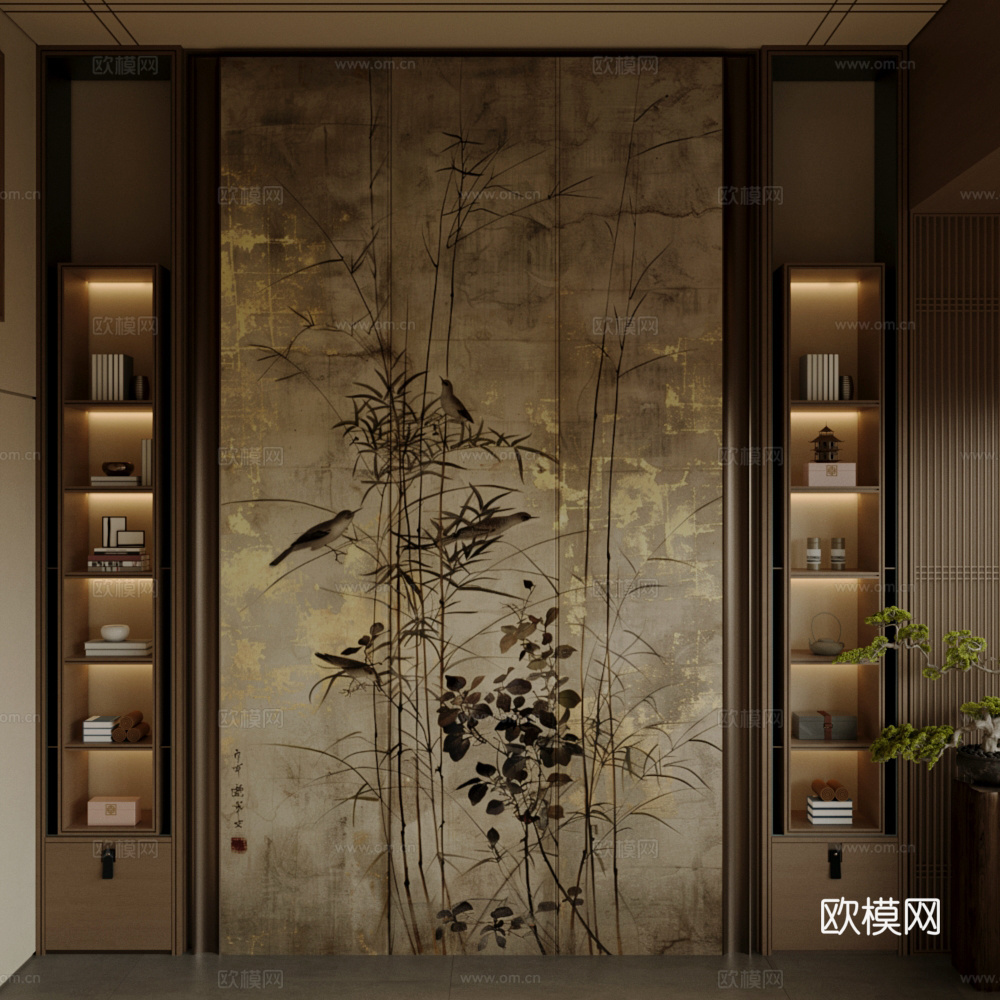 新中式禅意茶柜 中式宋式茶室柜 茶室背景墙 整排茶叶柜3d模型