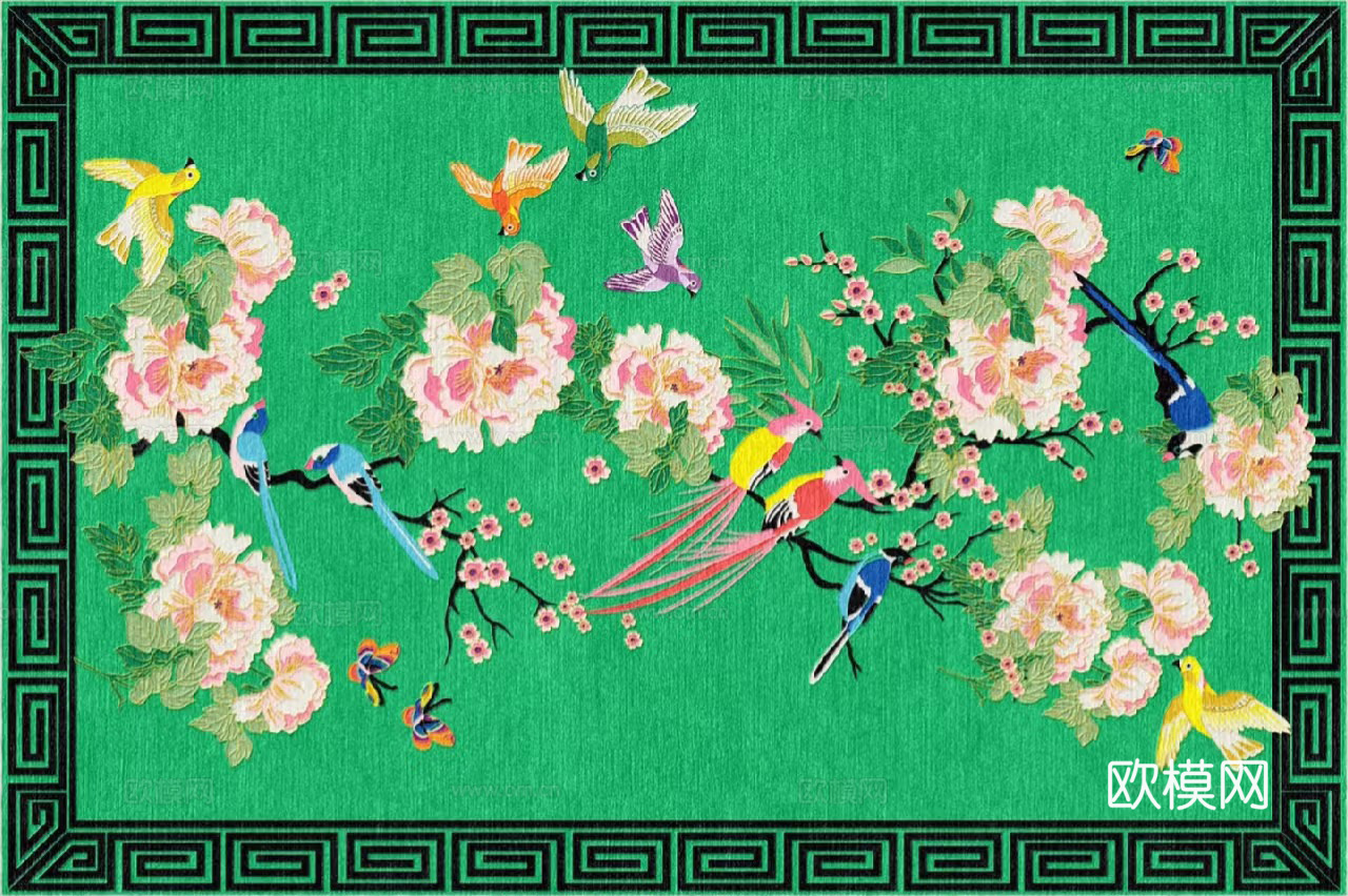 新中式法式绿色花鸟地毯