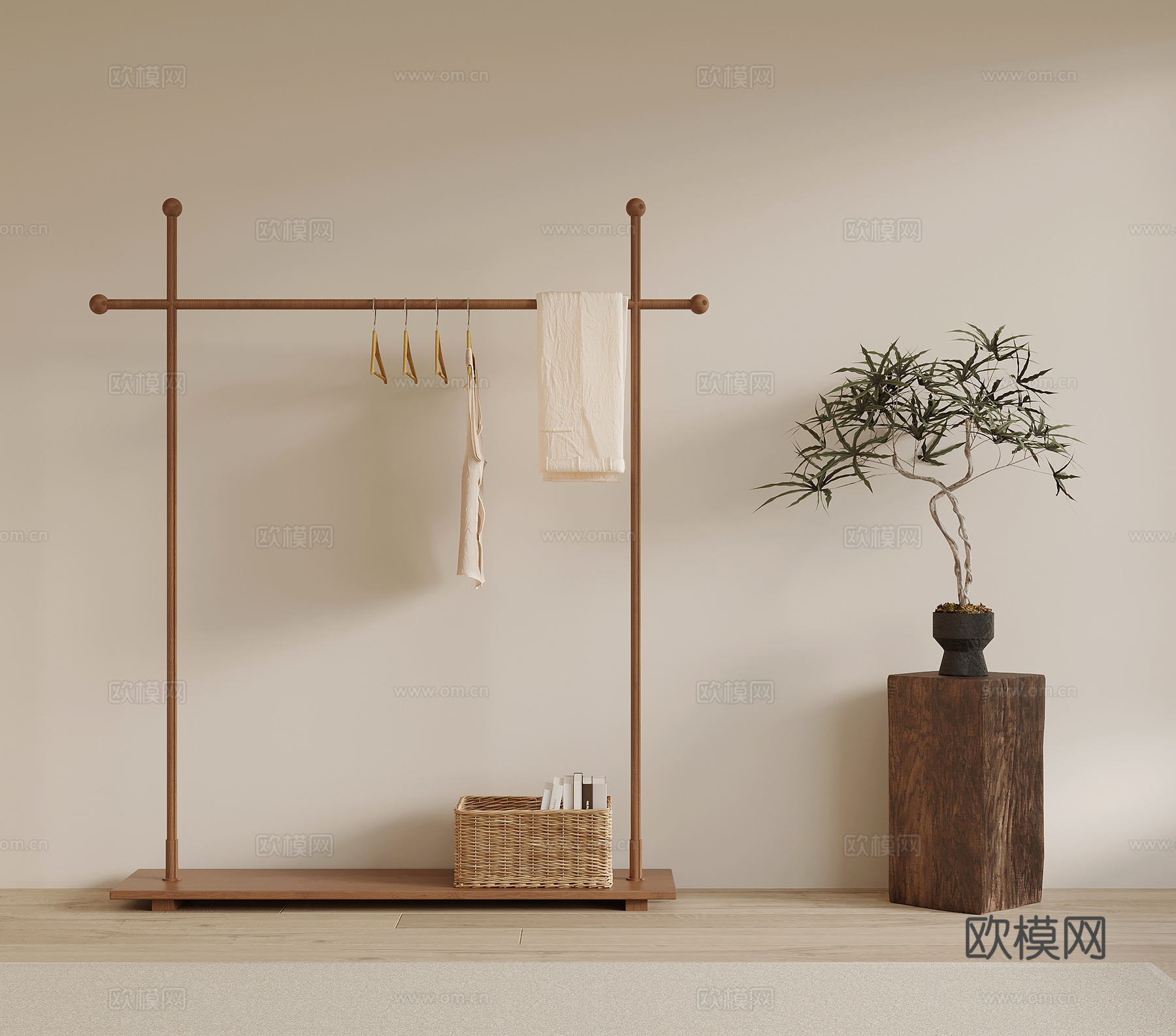 挂衣架 诧寂风挂衣架 挂衣杆 衣服 绿植3d模型