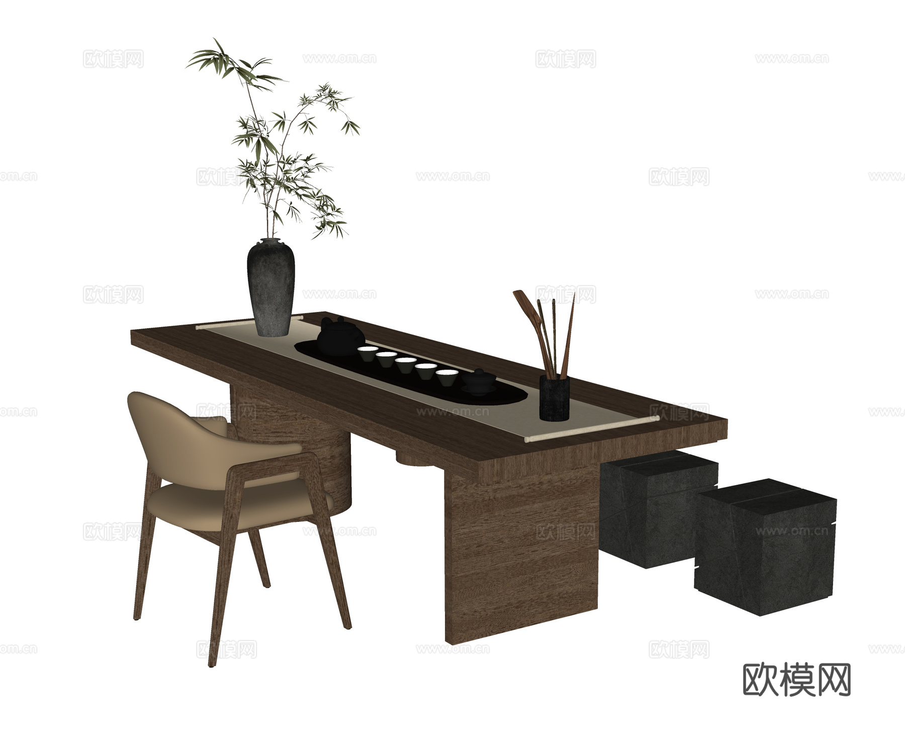 现代茶桌椅 凳子 茶具 茶椅su模型