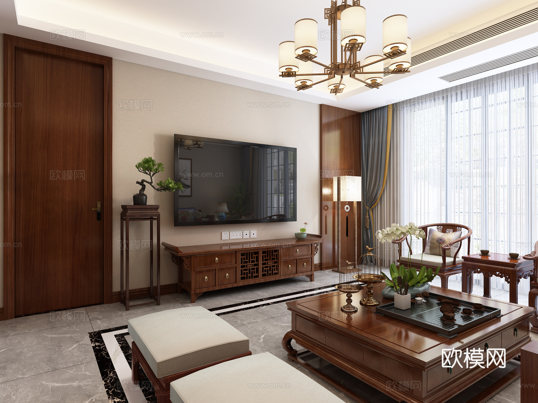 中式新中式 中式 沙发 电视背景墙 吊灯 挂画 绿植3d模型