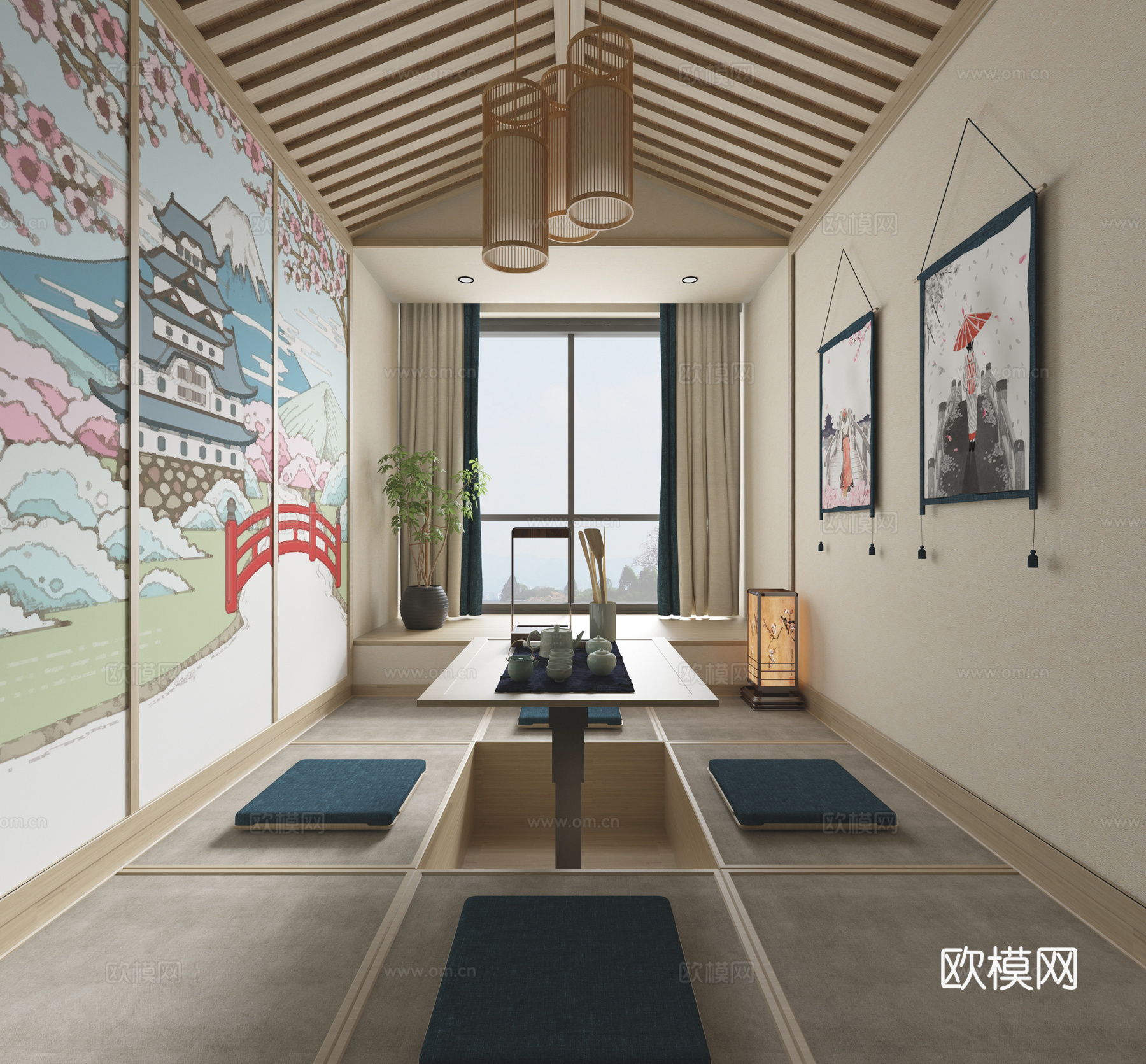 日式新中式榻榻米 日式榻榻米房中式茶室 茶具挂旗 榻榻米3d模型