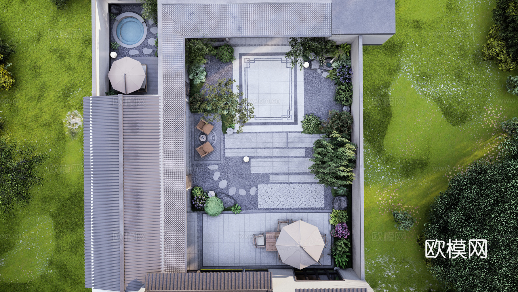 新中式花园，中式花园，苏式花园，圆形泳池，廊架su模型