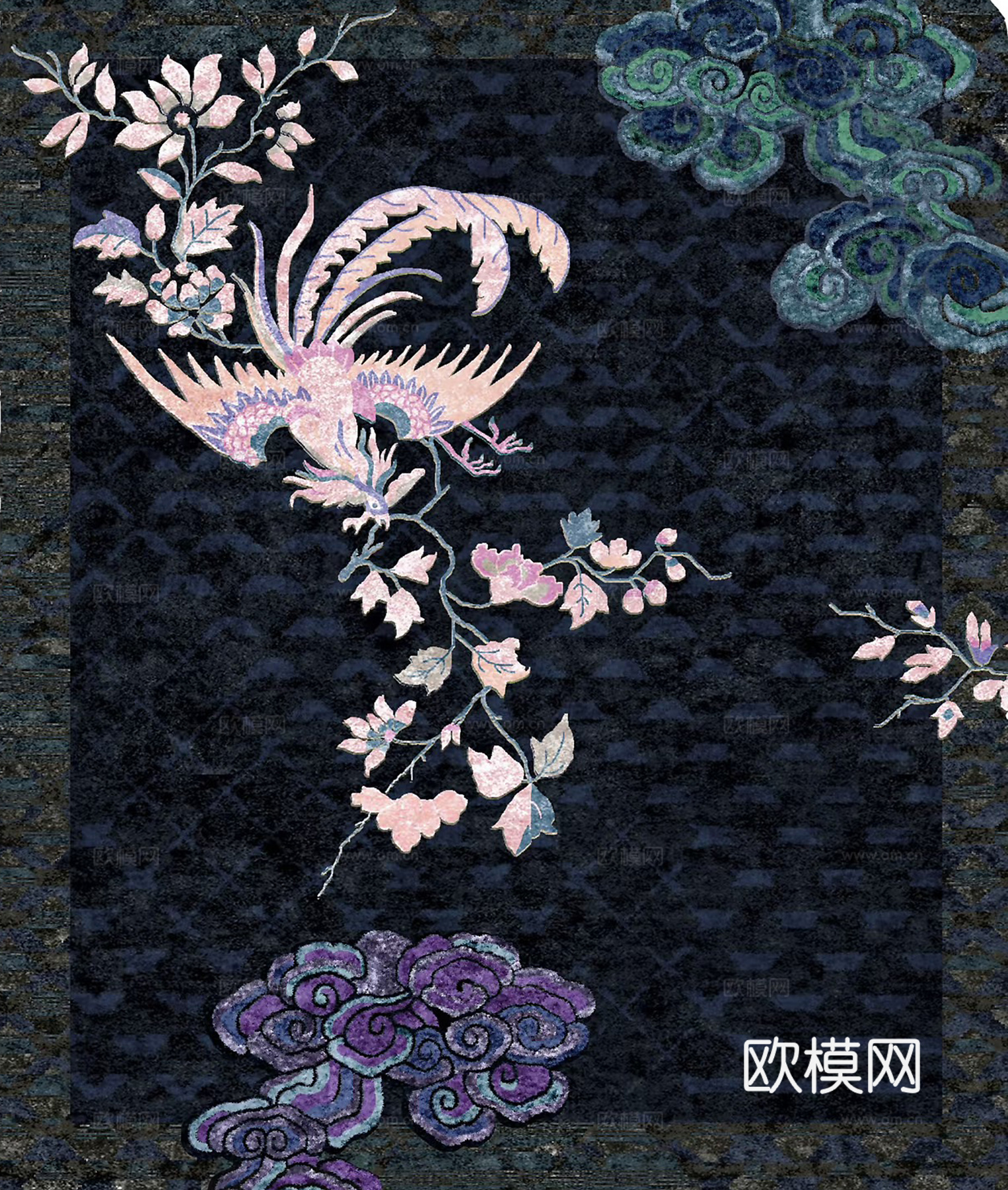 新中式中式蓝色云纹花鸟地毯