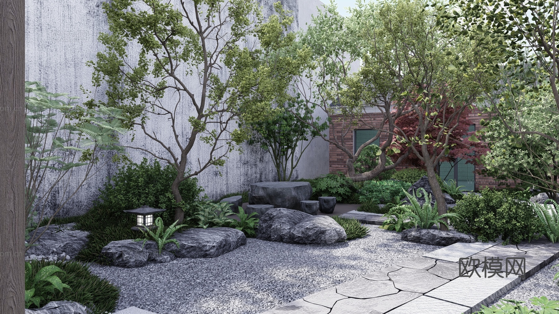 自然风格，杂木风格花园，汀步，景观小品su模型