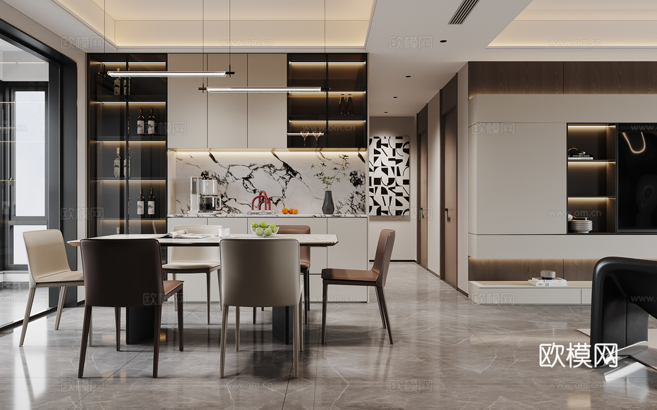 現(xiàn)代客餐廳3d模型下載(渲染圖1)