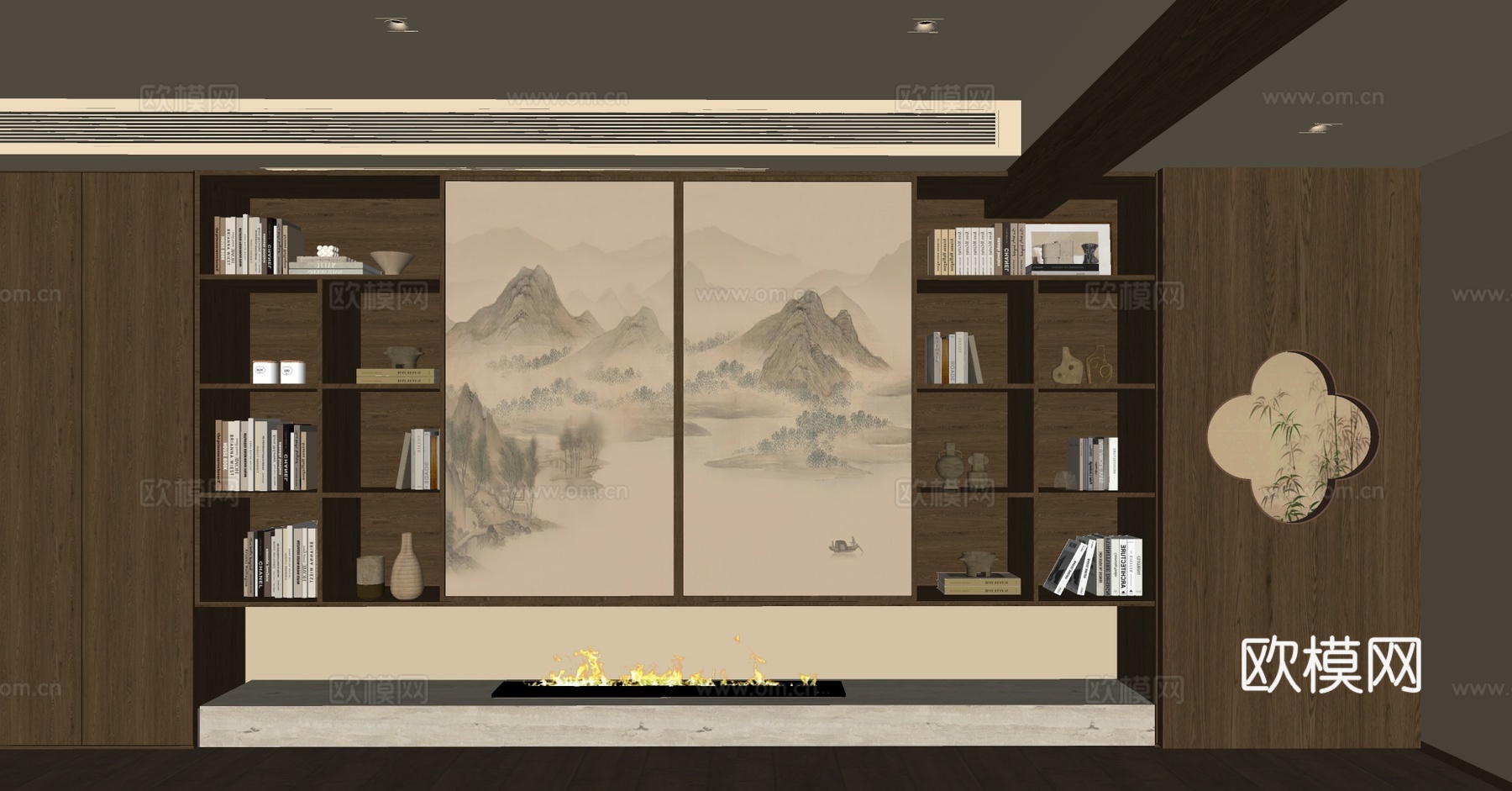 新中式禅意储物柜 新中式茶室柜 山水画茶柜 新中式装饰柜su模型