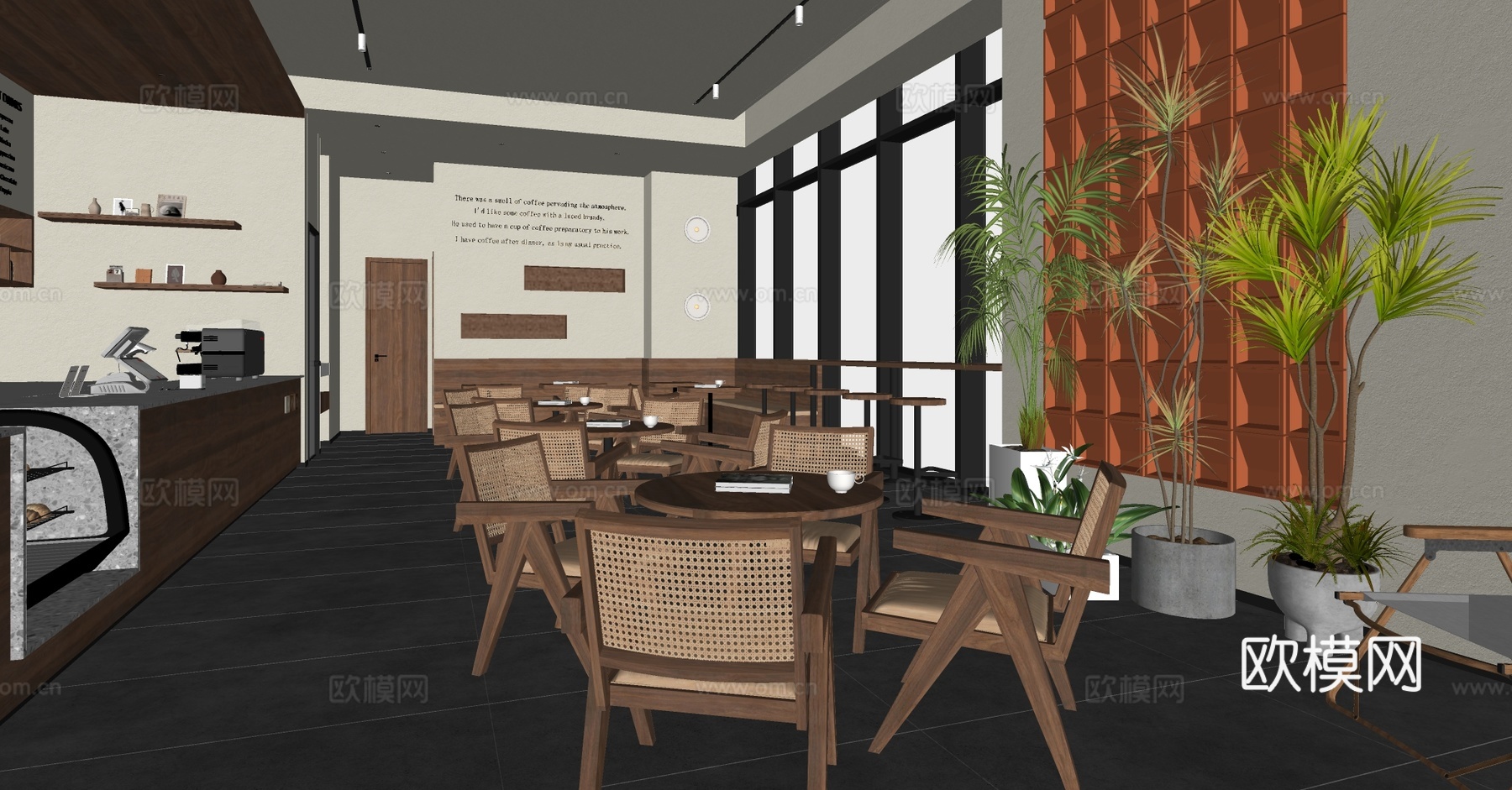 原木咖啡厅 咖啡桌椅 奶茶店 咖啡店操作台 收银前台 咖啡店su模型