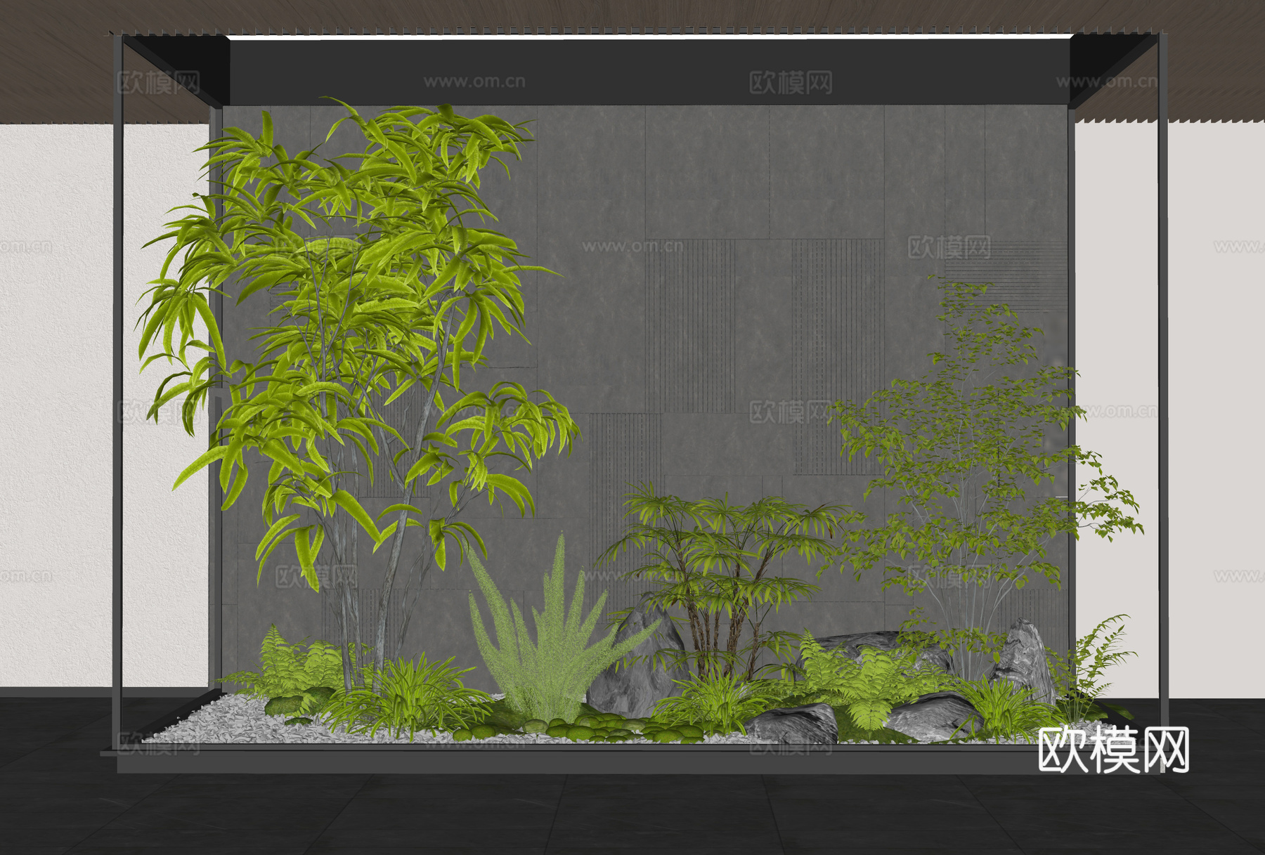 现代室内植物造景 植物组合 植物堆 庭院小品 石头 花草su模型