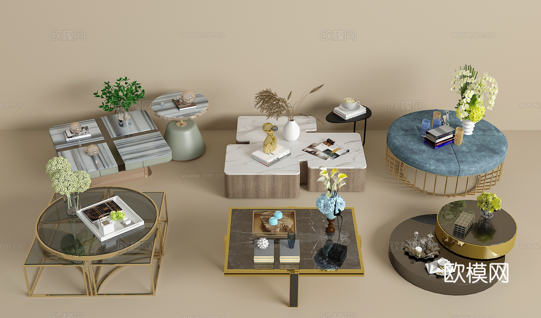 茶几组合 绿植 饰品摆件 书籍3d模型