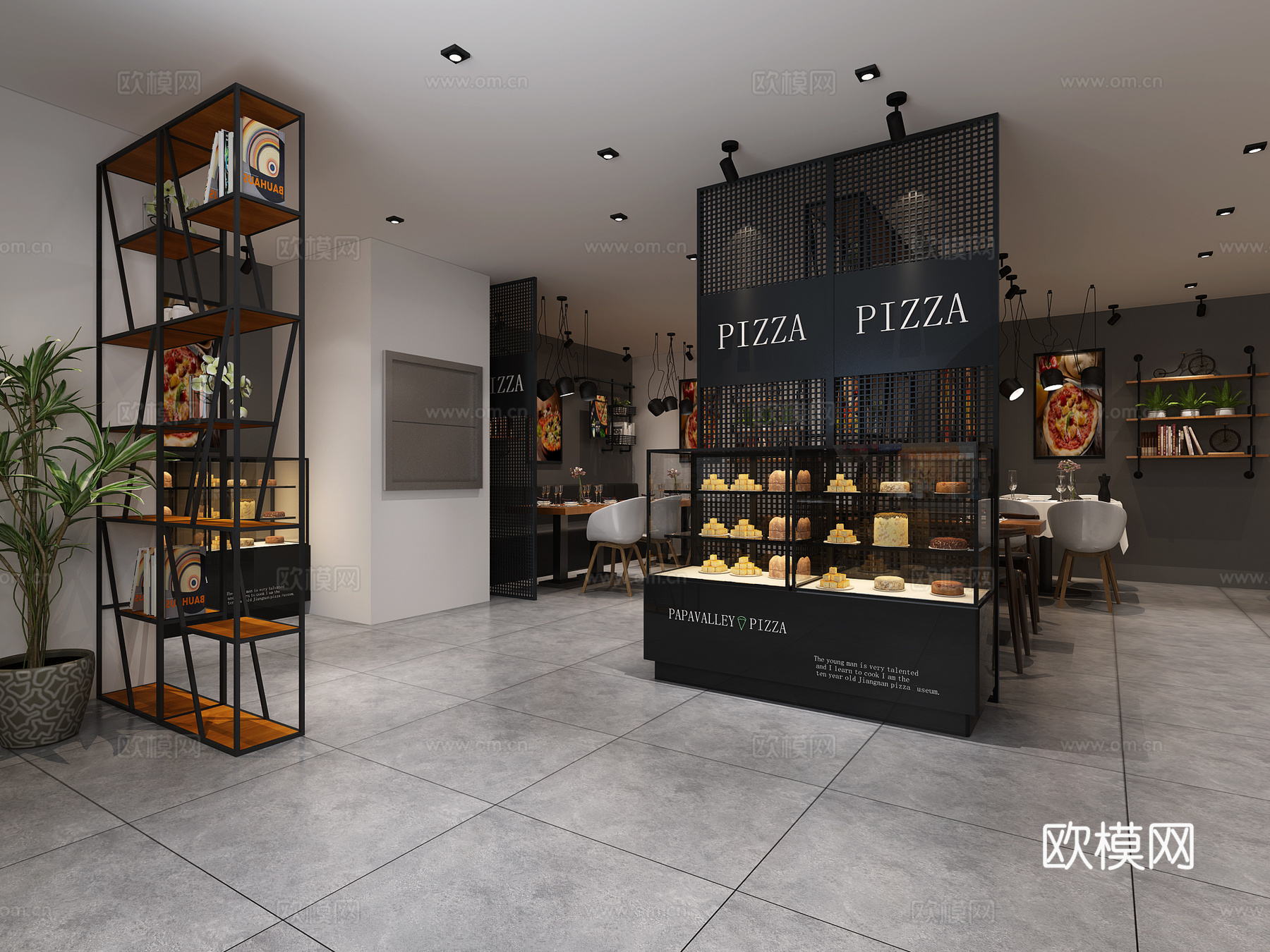 工业风披萨店展示柜隔断 现代吊灯 餐桌 柜台 门头3d模型