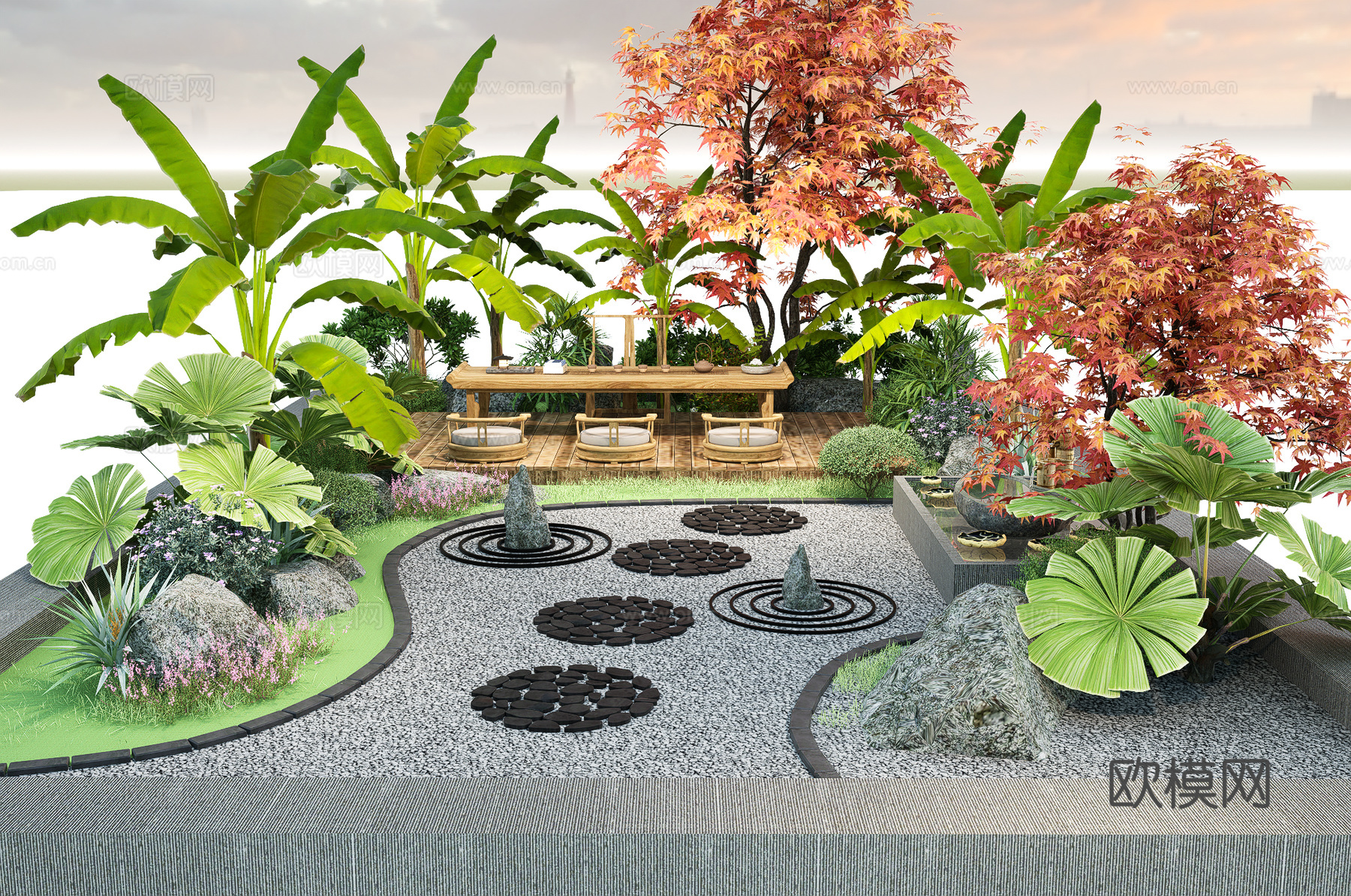 新中式庭院景观小品 景观石头 水砵汀步 植物su模型