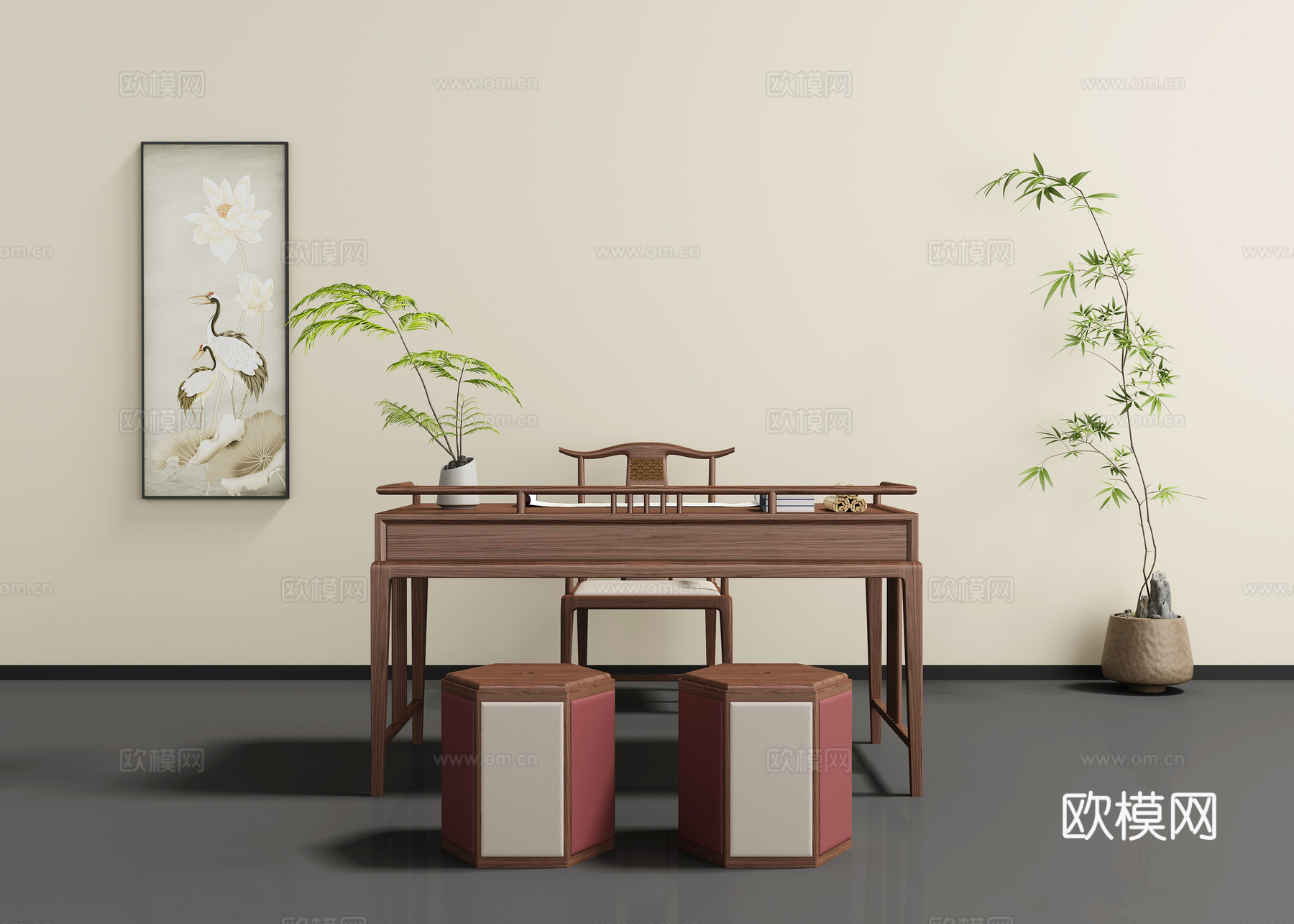 新中式书桌椅3d模型