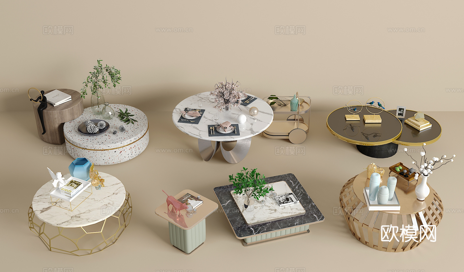 茶几组合 绿植 饰品摆件 书籍3d模型