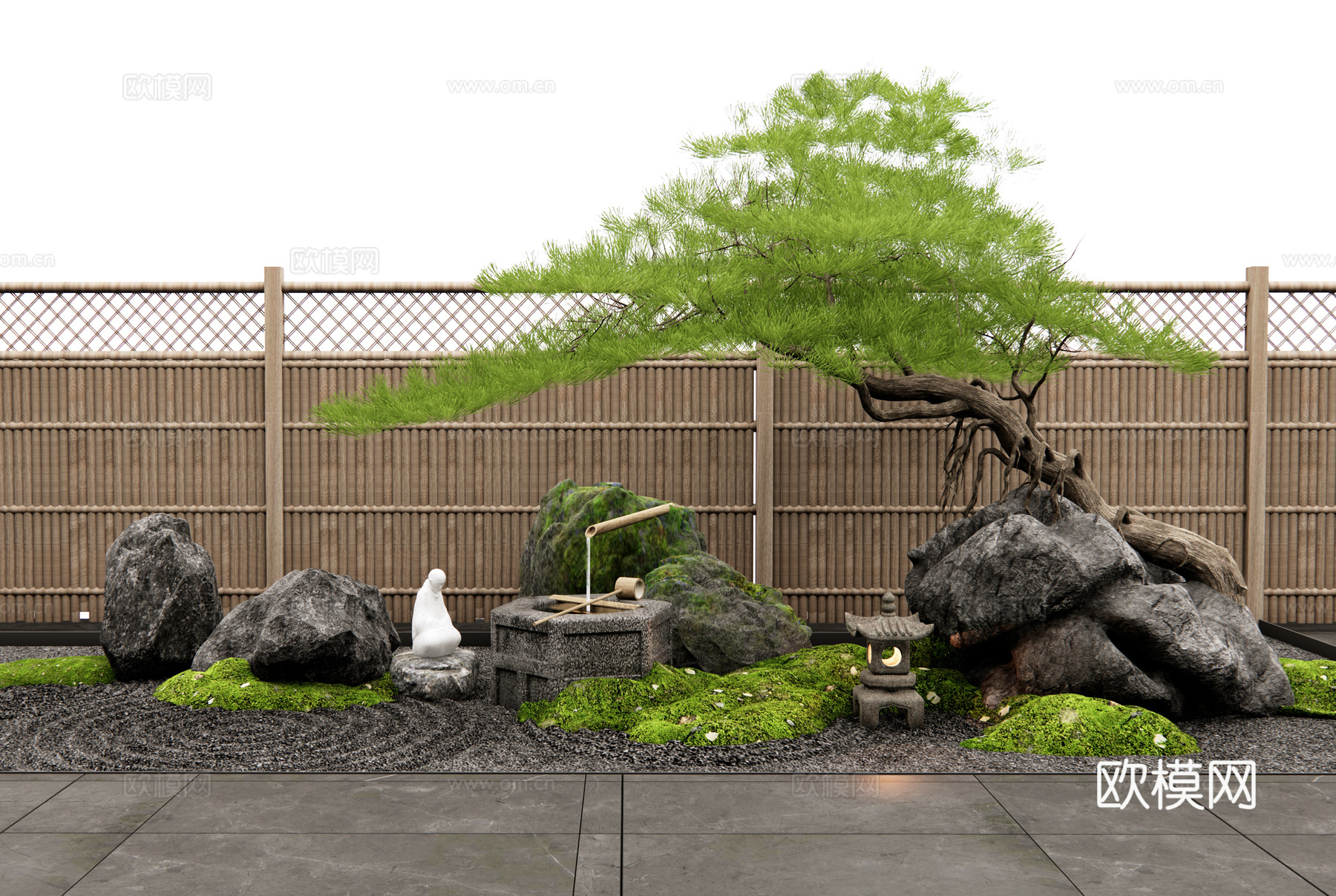 新中式景观石头 庭院小品 水钵 景观造景 迎客松 苔藓3d模型