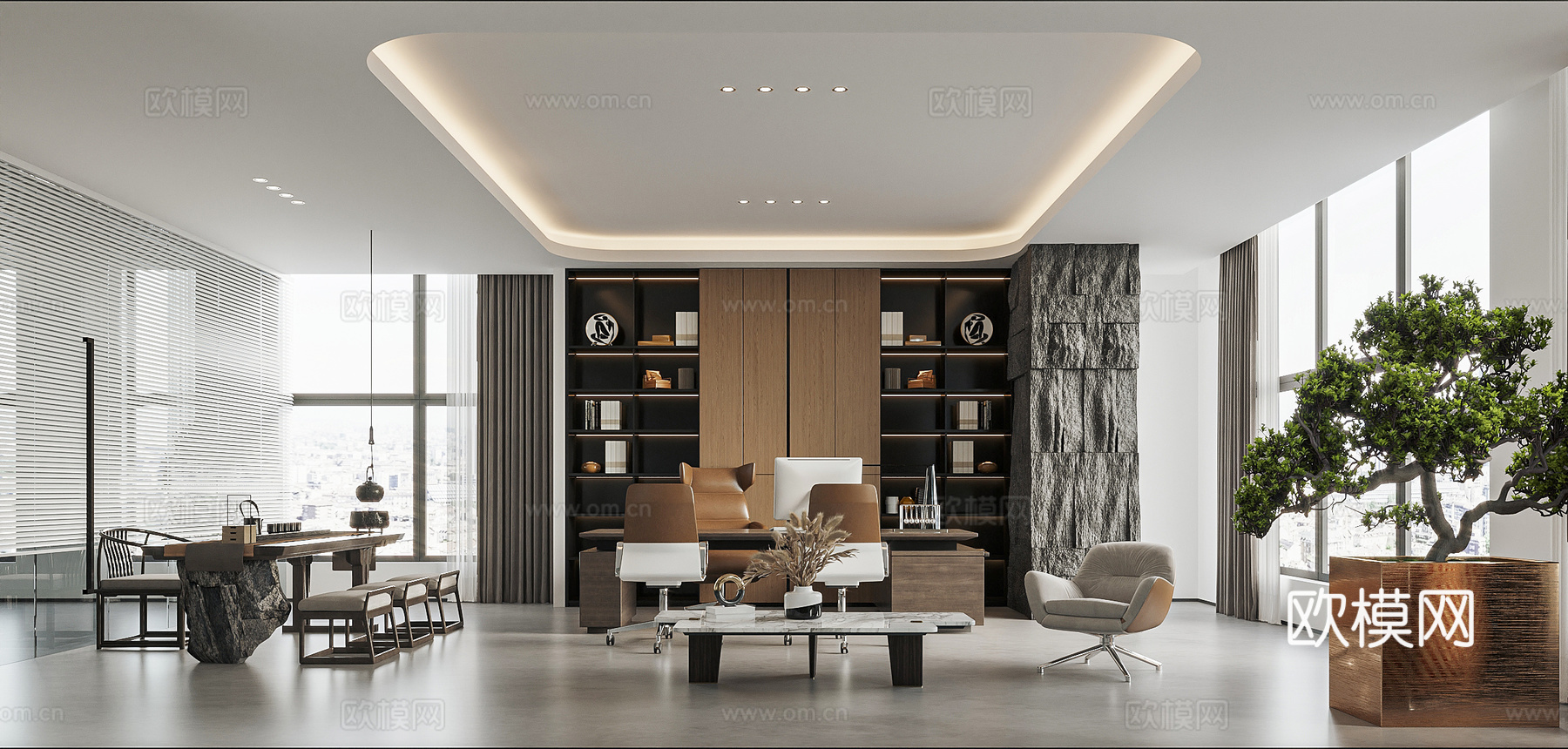 现代轻奢经理办公室 茶桌椅 发财树 展示柜 办公桌椅3d模型下载（渲染图1）